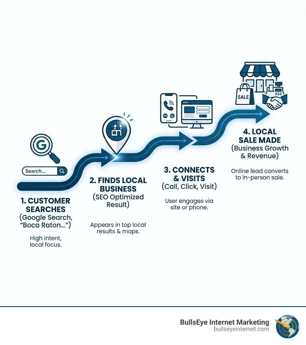 Customer journey infographic illustrating SEO process: search, find local business, connect, and make sale; emphasizes business growth and revenue for Boca Raton companies.