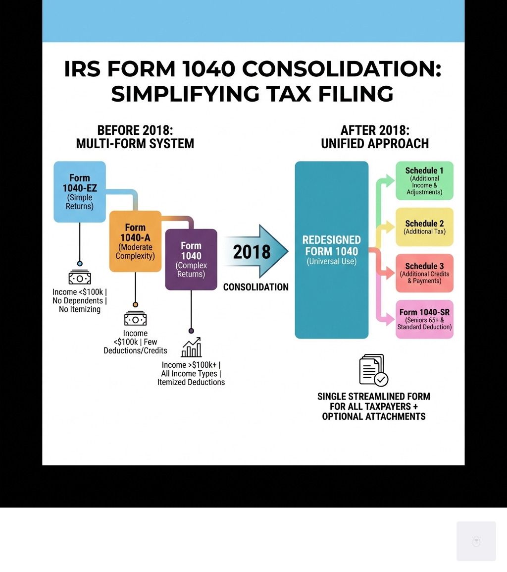 Infographic showing the timeline of IRS Form 1040 consolidation: Before 2018, taxpayers used Form 1040-EZ for simple returns, Form 1040-A for moderate complexity, and Form 1040 for complex returns. After 2018, all three were replaced by a single redesigned Form 1040 with optional schedules 1, 2, and 3, plus specialized forms like 1040-SR for seniors 65 and older. The infographic includes income thresholds, eligibility requirements, and a visual comparison of the old multi-form system versus the new unified approach. - 1040 ez form free infographic 
