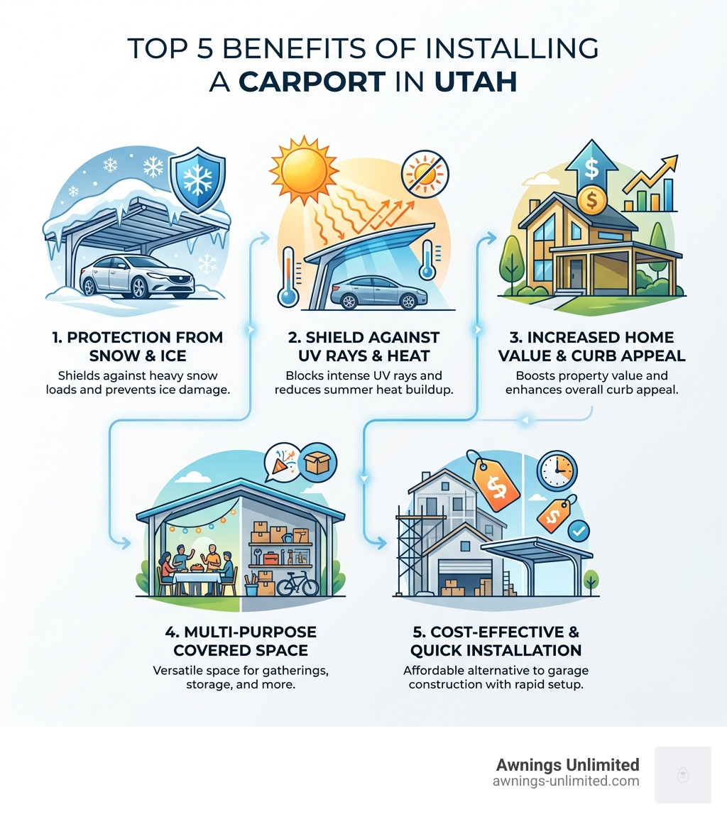 Infographic showing the top 5 benefits of installing a carport in Utah: 1) Protection from heavy snow loads and ice damage, 2) Shield against intense UV rays and summer heat, 3) Increased home value and curb appeal, 4) Multi-purpose covered space for gatherings and storage, 5) Cost-effective alternative to garage construction with quick installation - carports Salt Lake City infographic Infographic showing the top 5 benefits of installing a carport in Utah: 1) Protection from heavy snow loads and ice damage, 2) Shield against intense UV rays and summer heat, 3) Increased home value and curb appeal, 4) Multi-purpose covered space for gatherings and storage, 5) Cost-effective alternative to garage construction with quick installation - carports Salt Lake City infographic