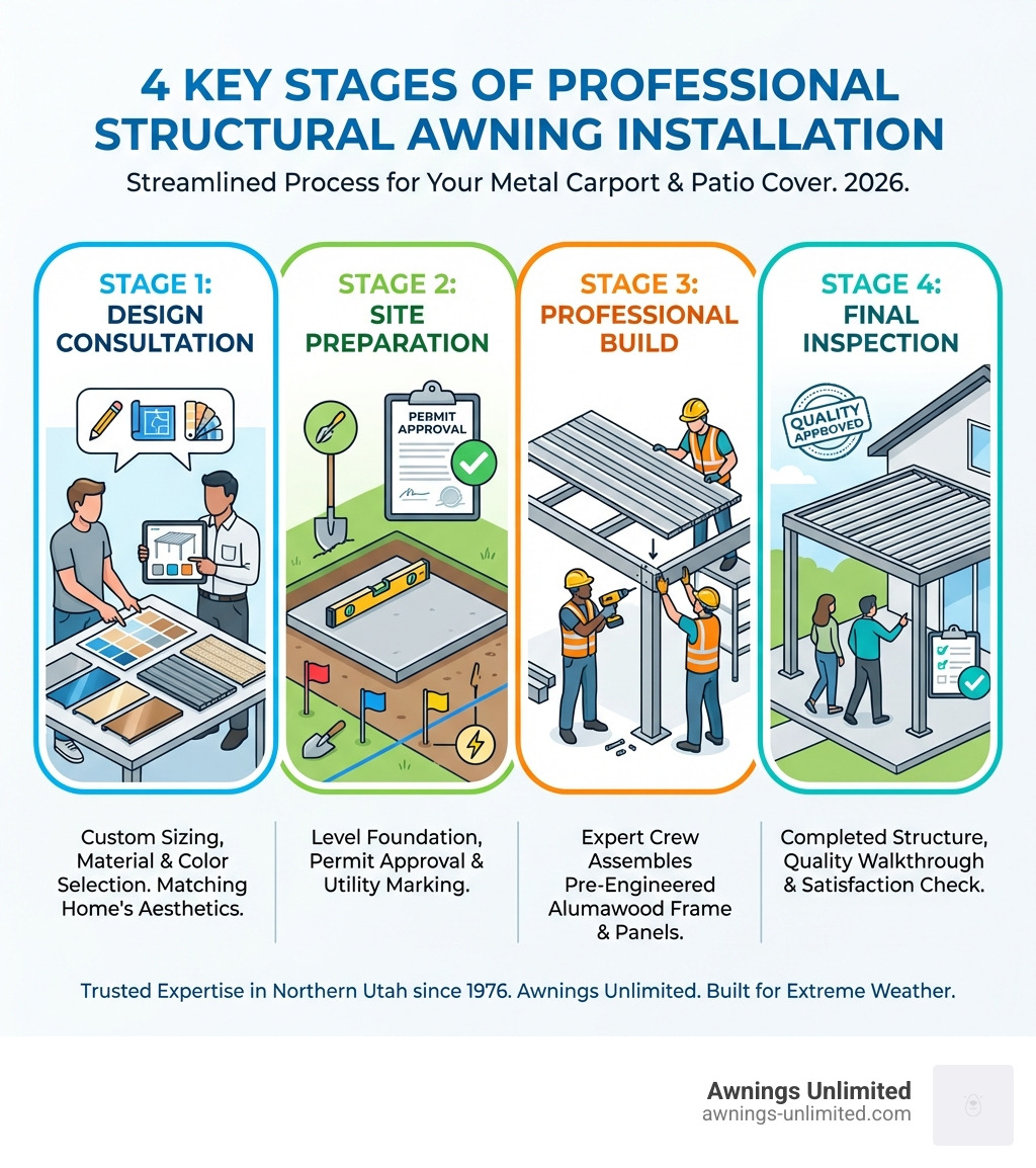 Infographic showing the 4 key stages of professional structural awning installation: Stage 1 - Design Consultation (homeowner reviewing material samples and color options with installer), Stage 2 - Site Preparation (level foundation, permit approval, utility marking), Stage 3 - Professional Build (crew assembling pre-engineered Alumawood frame and panels), Stage 4 - Final Inspection (completed structure with quality walkthrough) - metal carports installed infographic Infographic showing the 4 key stages of professional structural awning installation: Stage 1 - Design Consultation (homeowner reviewing material samples and color options with installer), Stage 2 - Site Preparation (level foundation, permit approval, utility marking), Stage 3 - Professional Build (crew assembling pre-engineered Alumawood frame and panels), Stage 4 - Final Inspection (completed structure with quality walkthrough) - metal carports installed infographic