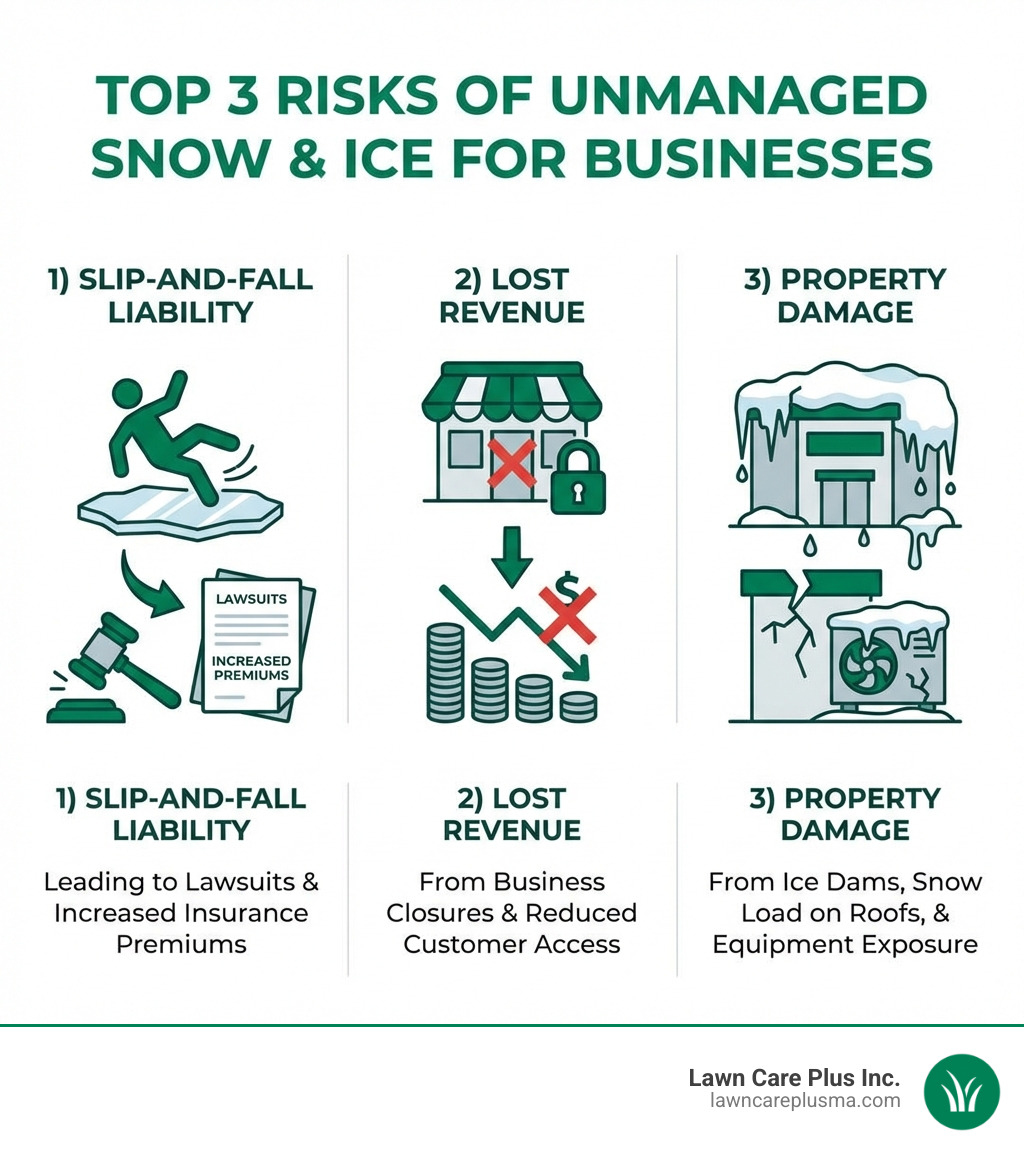 Infographic showing the top 3 risks of unmanaged snow and ice for businesses: 1) Slip-and-fall liability leading to lawsuits and increased insurance premiums, 2) Lost revenue from business closures and reduced customer access, and 3) Property damage from ice dams, snow load on roofs, and equipment exposure - commercial snow and ice infographic 