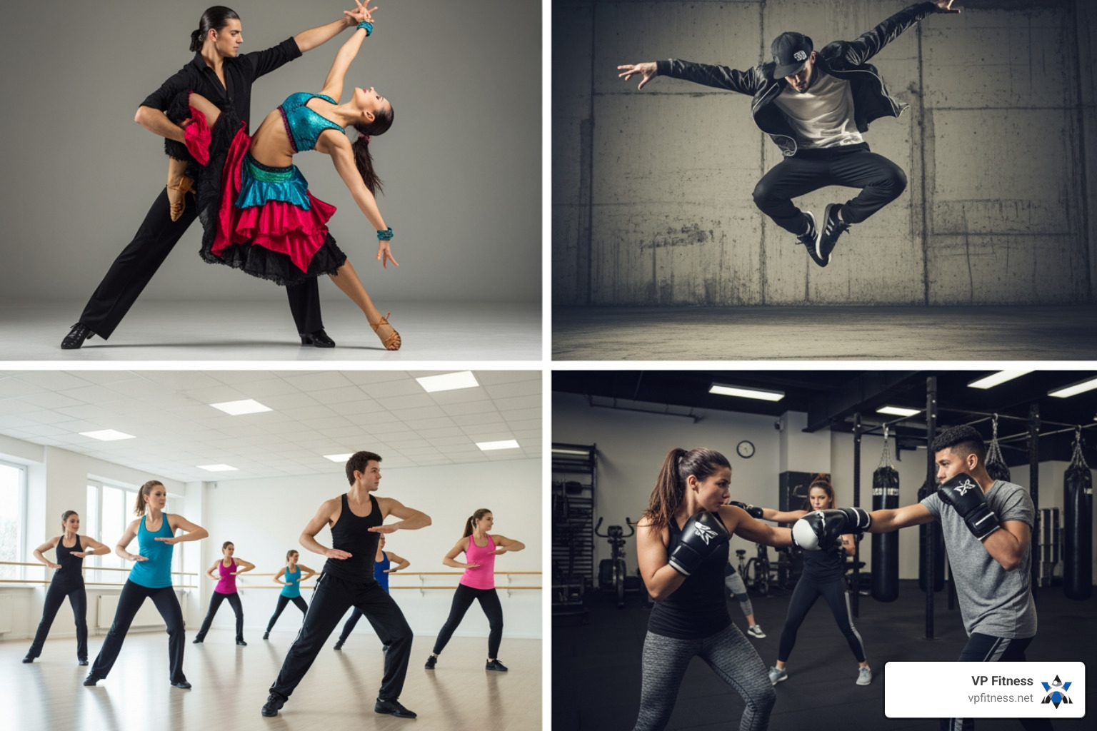 showing four split screens of different dance styles: Latin, hip-hop, low-impact, and cardio-boxing - aerobic dance near me showing four split screens of different dance styles: Latin, hip-hop, low-impact, and cardio-boxing - aerobic dance near me