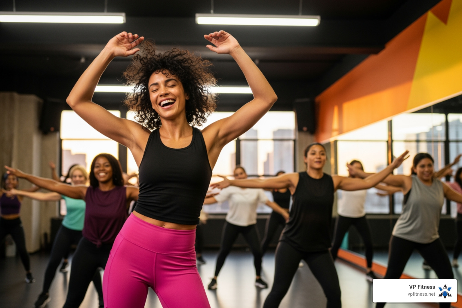 of a woman laughing while participating in a high-energy dance class - aerobic dance near me of a woman laughing while participating in a high-energy dance class - aerobic dance near me