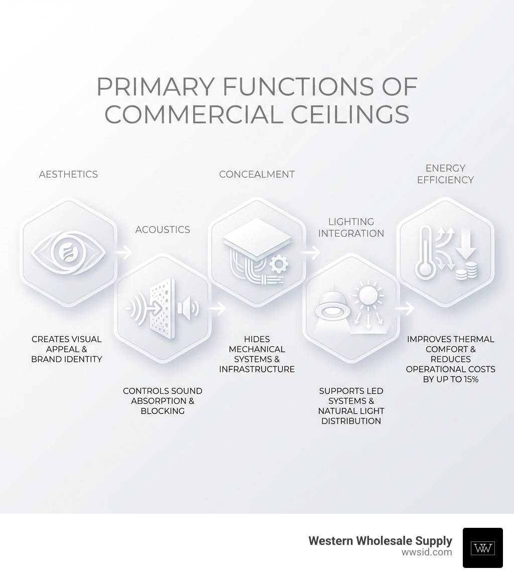 infographic showing the five primary functions of commercial ceilings: Aesthetics creates visual appeal and brand identity, Acoustics controls sound absorption and blocking between spaces, Concealment hides mechanical systems and infrastructure, Lighting Integration supports LED systems and natural light distribution, and Energy Efficiency improves thermal comfort and reduces operational costs by up to 15 percent - Commercial interior ceilings infographic simple-info-landscape-card infographic showing the five primary functions of commercial ceilings: Aesthetics creates visual appeal and brand identity, Acoustics controls sound absorption and blocking between spaces, Concealment hides mechanical systems and infrastructure, Lighting Integration supports LED systems and natural light distribution, and Energy Efficiency improves thermal comfort and reduces operational costs by up to 15 percent - Commercial interior ceilings infographic simple-info-landscape-card