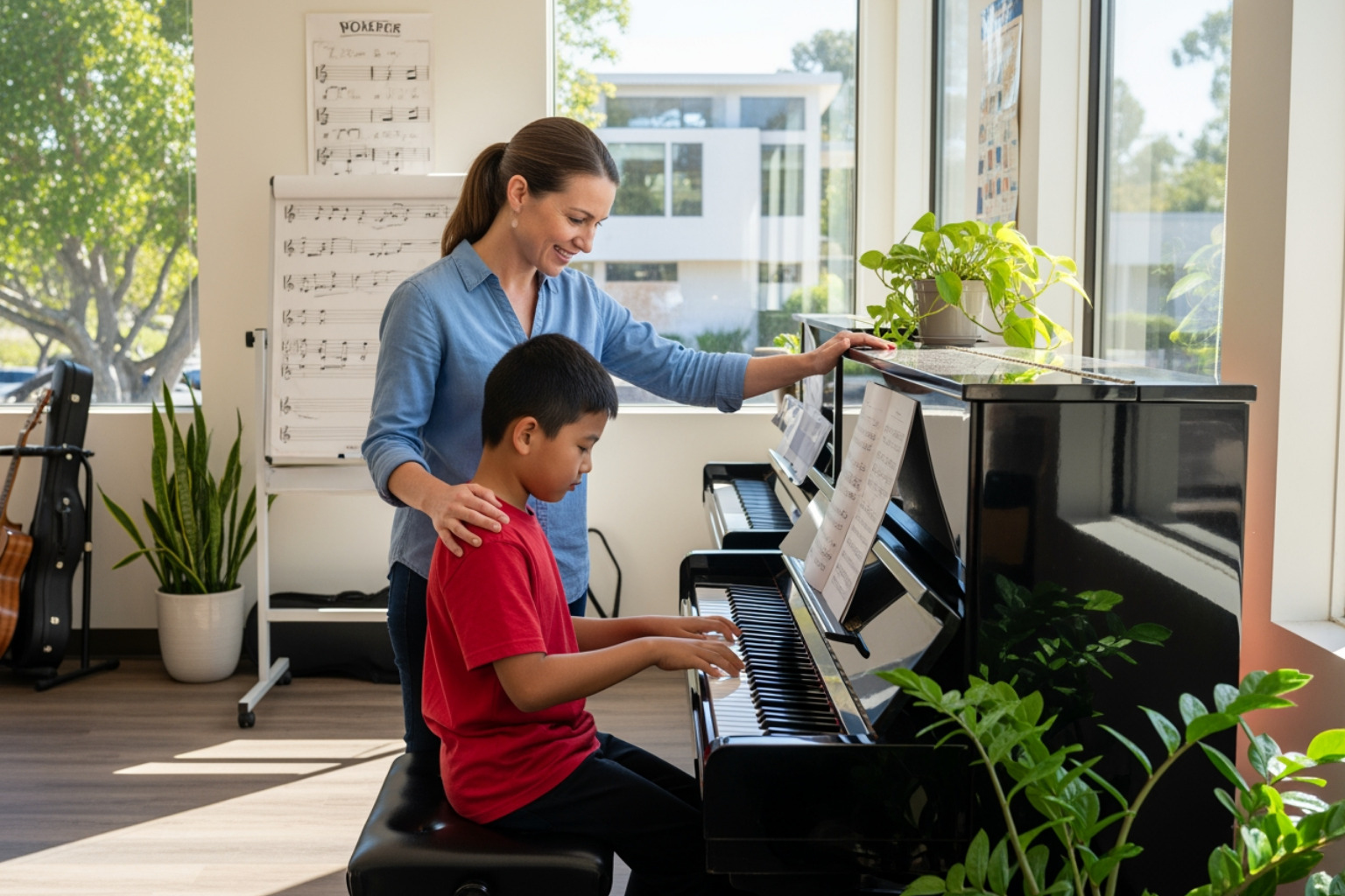 Friendly be natural music teacher guiding a student on the piano - music school california