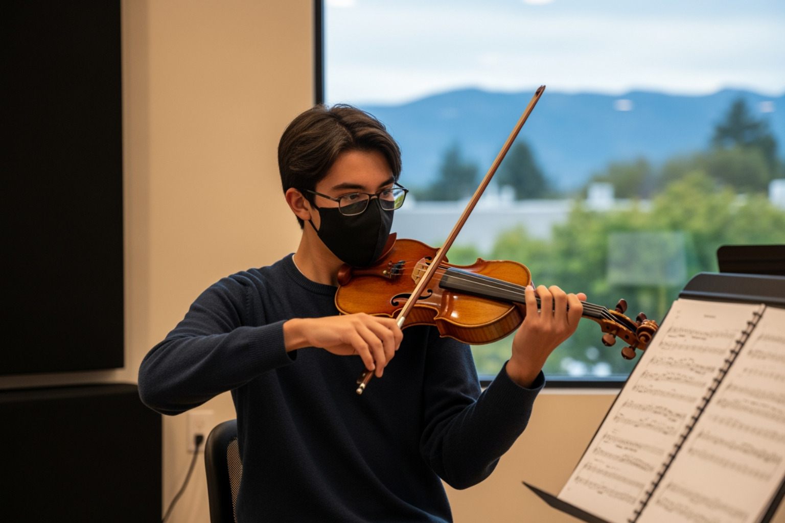 Violinist practicing diligently in a well-lit studio, sheet music open, with a backdrop of local cupertino greenery - violin lessons cupertino