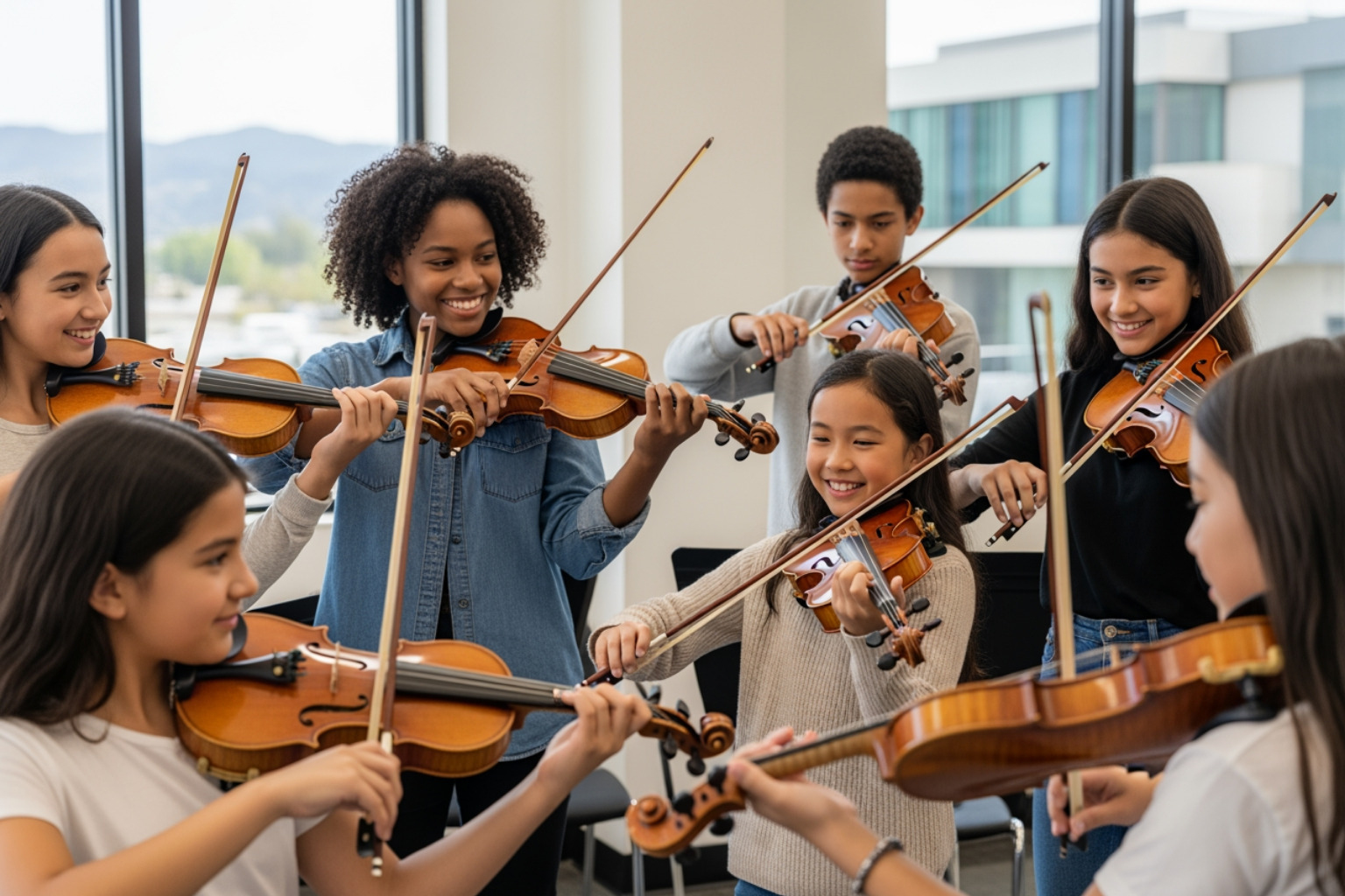 Students playing violins together in a group ensemble, smiling and interacting, with a vibrant, welcoming music school atmosphere - violin lessons cupertino