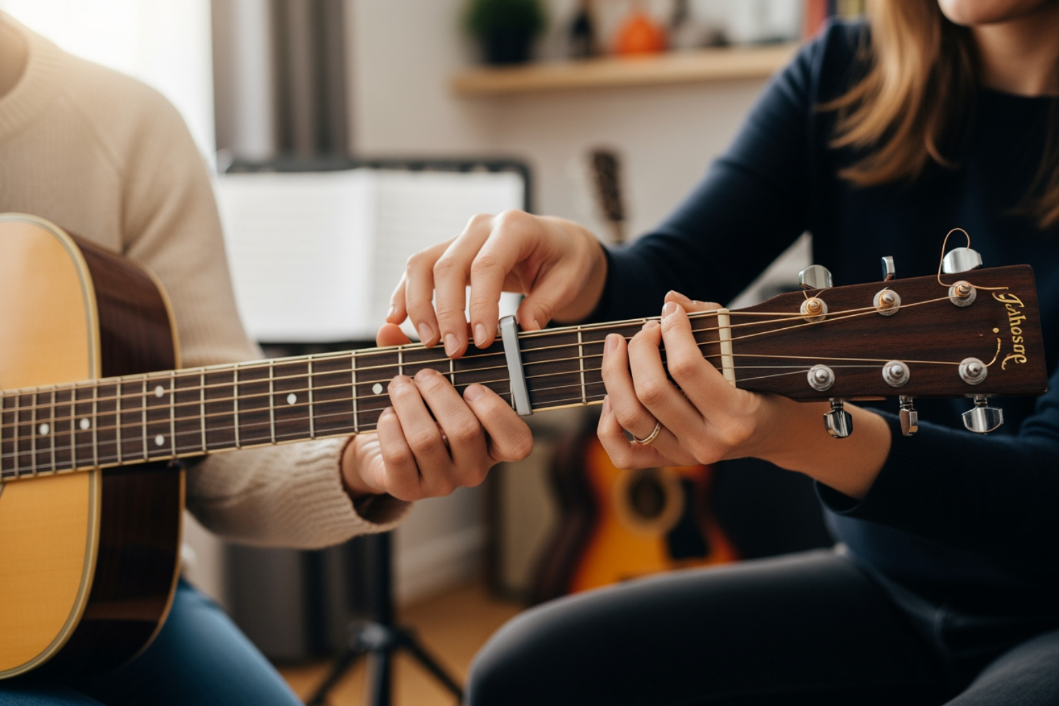 Guitar, a tuner, and a notebook ready for a lesson at be natural music - guitar trainer near me