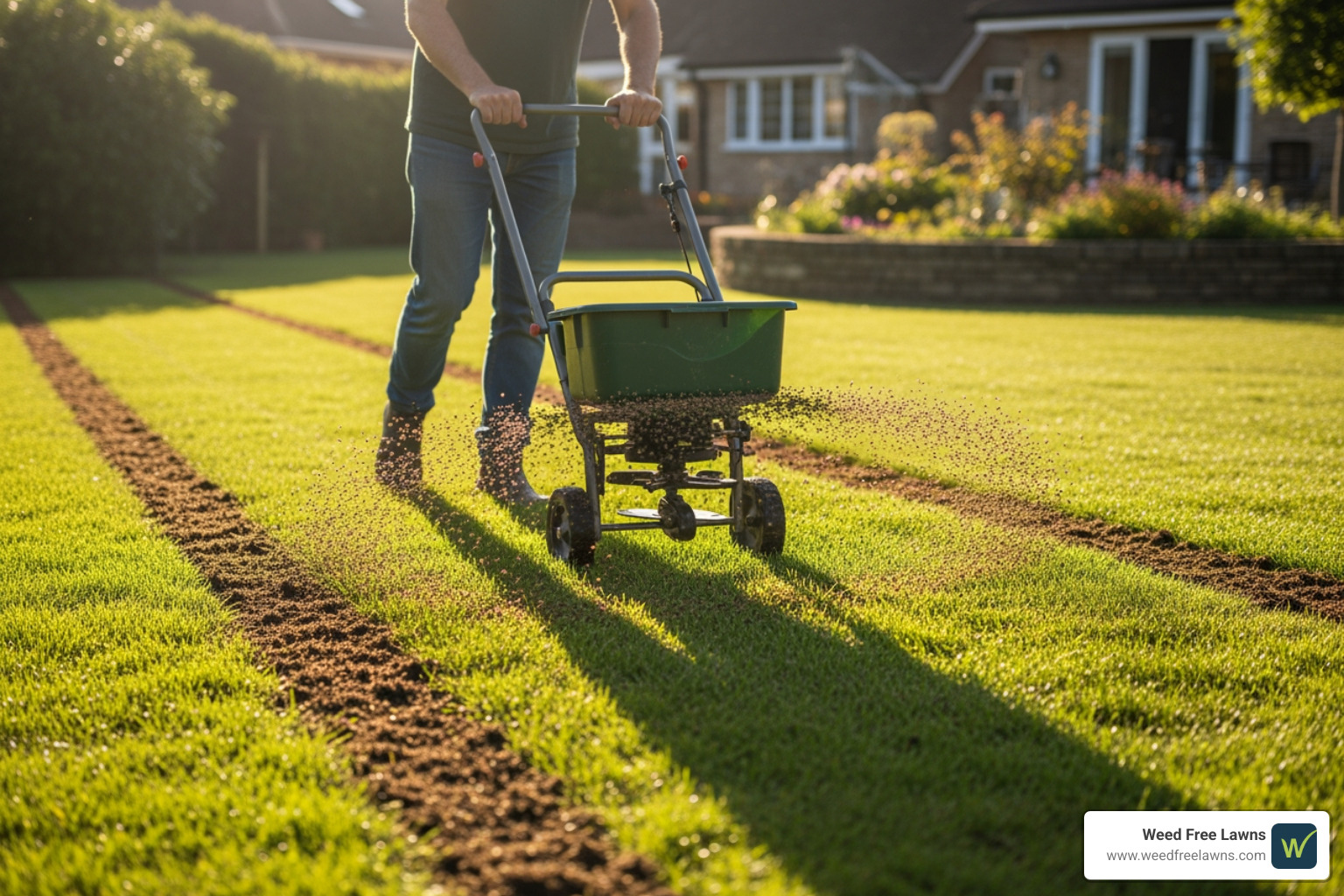 Broadcast spreader applying seed to a lawn - Overseeding patchy lawn