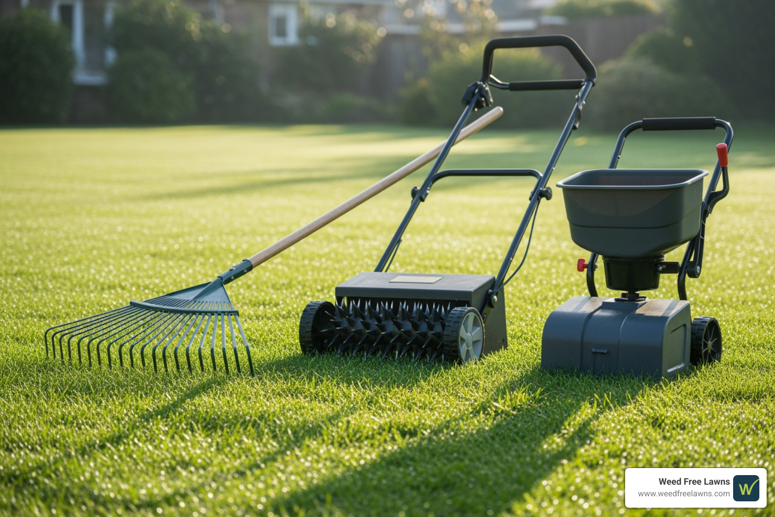 Lawn care tools like a rake, aerator, and spreader - Overseeding patchy lawn