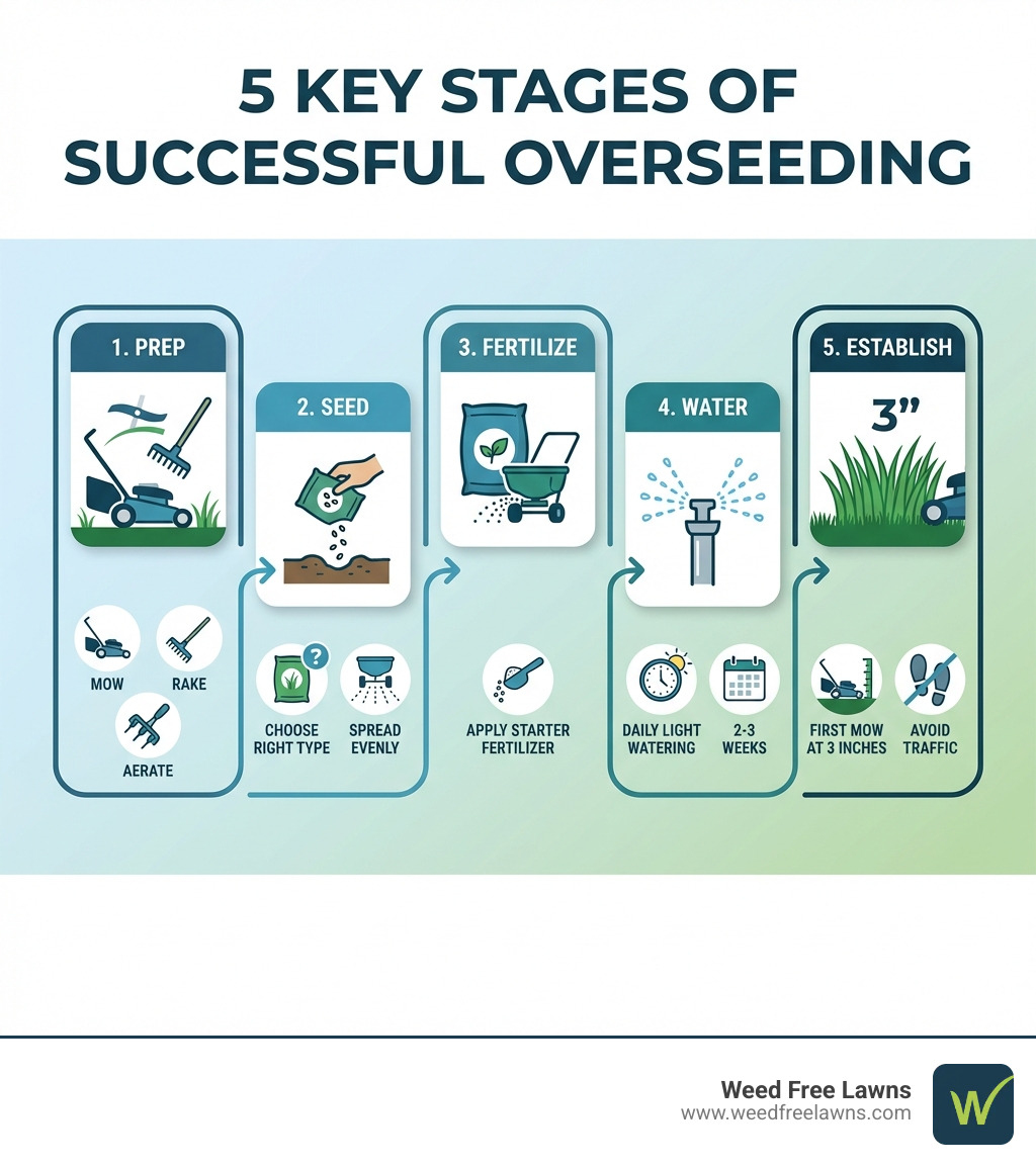 Infographic showing the 5 key stages of overseeding: Prep (mow, rake, aerate), Seed (choose right type, spread evenly), Fertilize (apply starter fertilizer), Water (daily light watering for 2-3 weeks), and Establish (first mow at 3 inches, avoid traffic) - Overseeding patchy lawn infographic 
