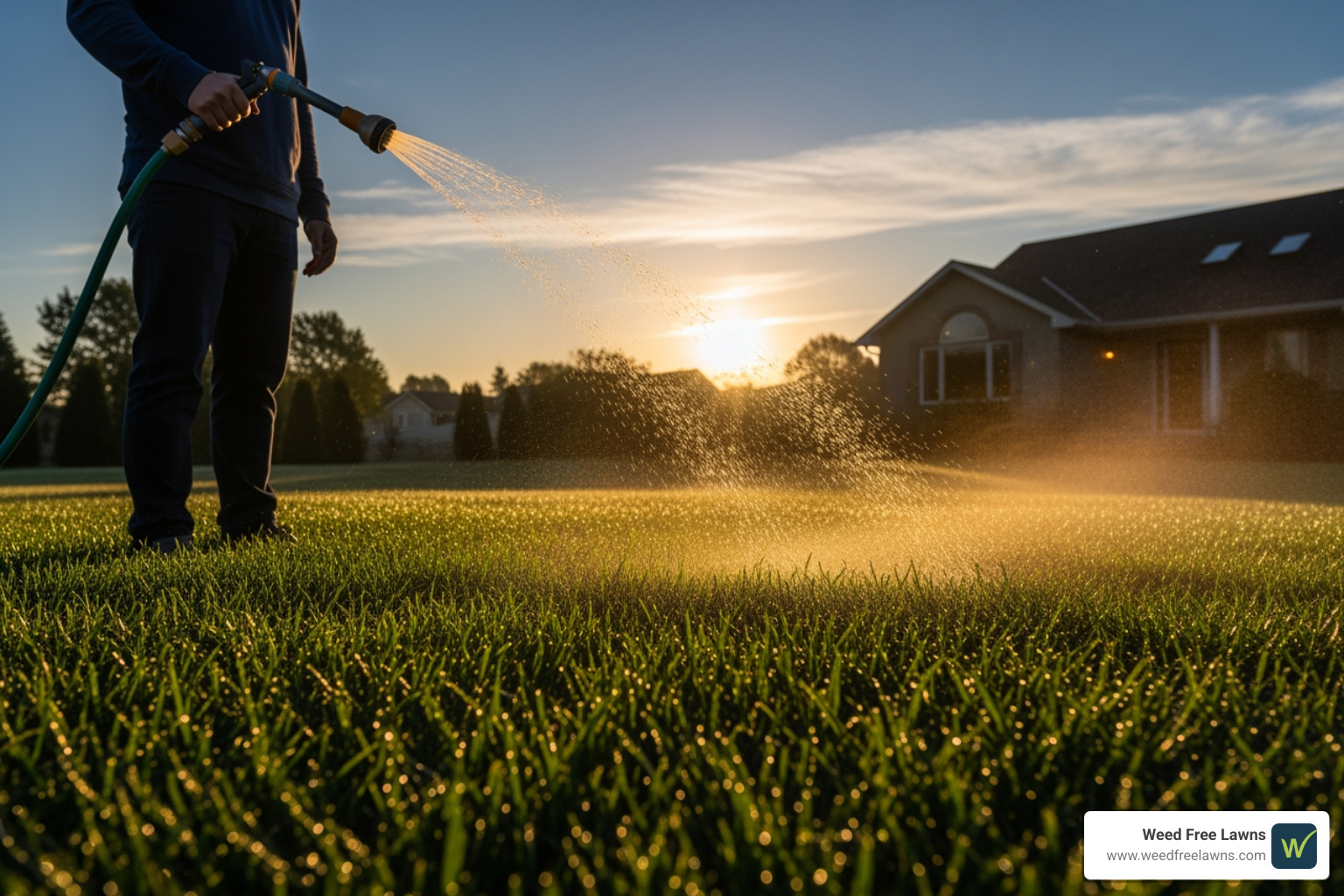 A person is shown properly watering their lawn in the early morning, with the sun just rising, illustrating best practices for irrigation. - lawn disease control