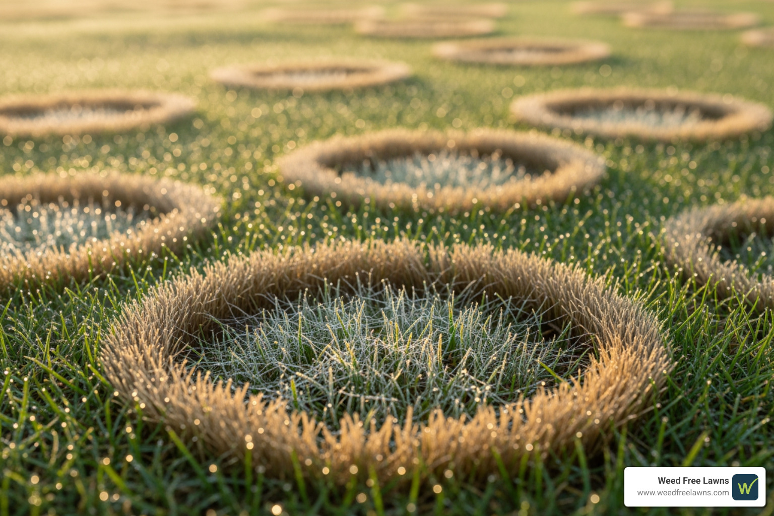 Dollar Spot disease on a lawn showing distinct small, circular sunken patches of bleached-tan grass, often with spiderweb-like mycelium visible in the early morning dew. - lawn disease control