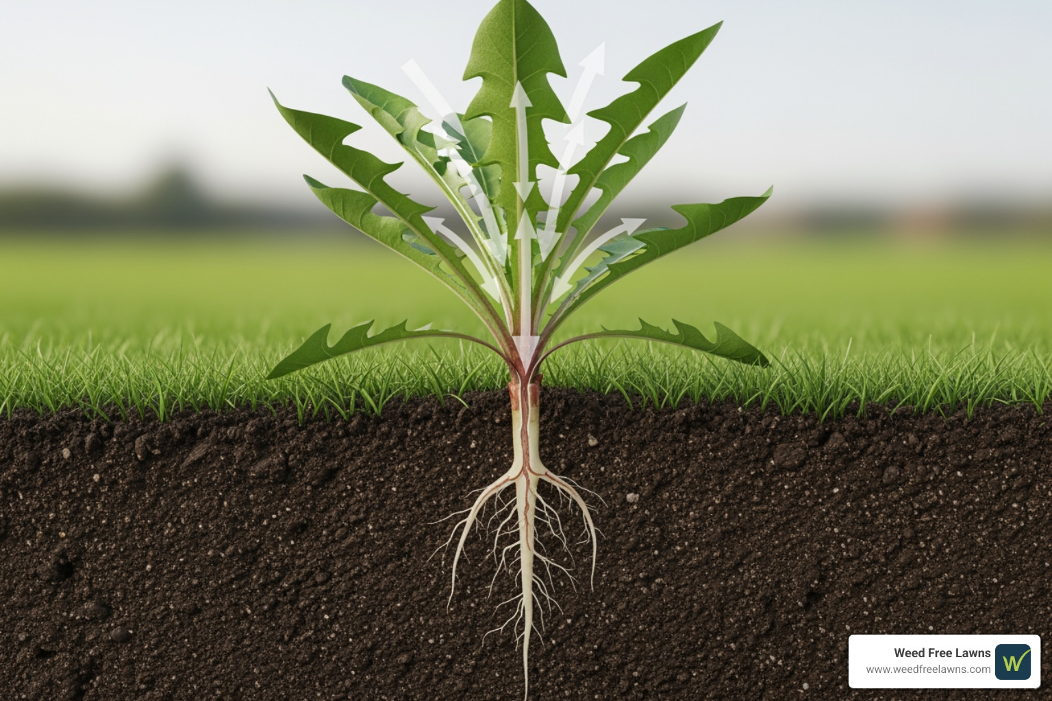 dandelion with arrows illustrating nutrient and herbicide flow down to the taproot in autumn - fall weed control dandelion with arrows illustrating nutrient and herbicide flow down to the taproot in autumn - fall weed control