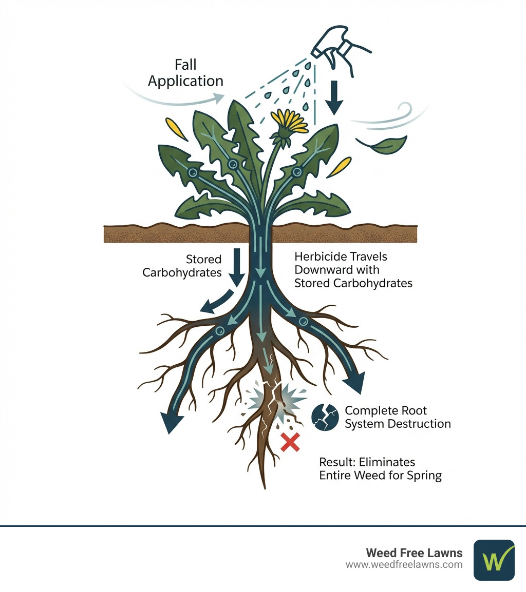infographic showing a cross-section of a dandelion weed with arrows illustrating how herbicide applied to the leaves in fall travels downward through the plant into the taproot along with stored carbohydrates, resulting in complete root system destruction - fall weed control infographic infographic showing a cross-section of a dandelion weed with arrows illustrating how herbicide applied to the leaves in fall travels downward through the plant into the taproot along with stored carbohydrates, resulting in complete root system destruction - fall weed control infographic
