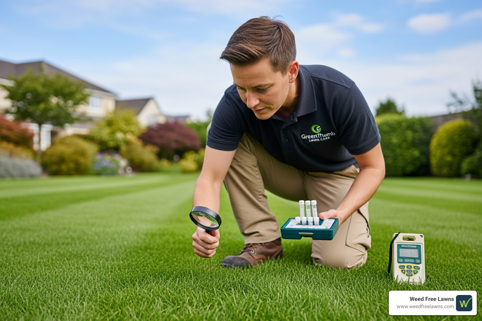 A professional lawn care technician inspecting a lawn - weed removal service