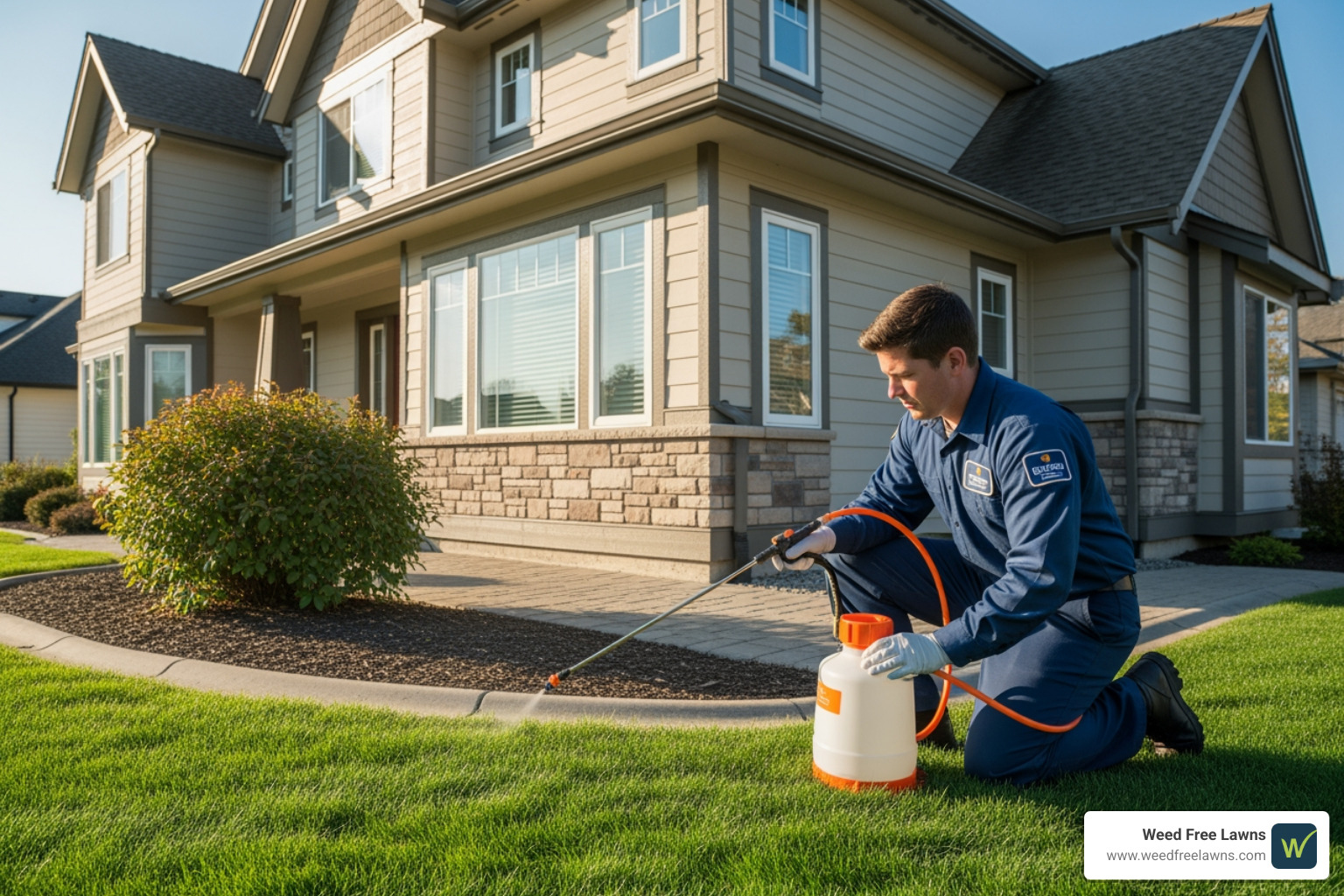 technician applying a perimeter pest control treatment around a home's foundation - lawn pest control services
