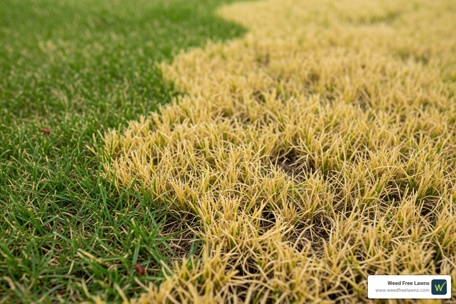 chinch bug damage showing yellowing, patchy grass - lawn pest control services