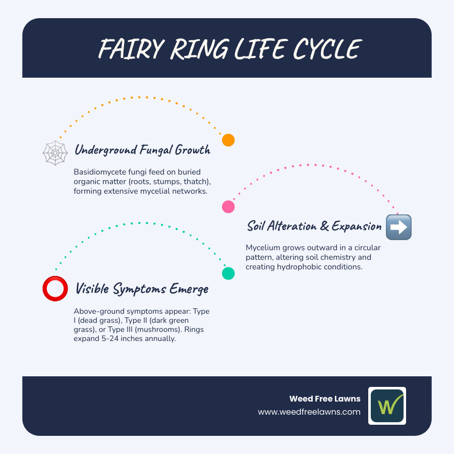 Infographic showing the fairy ring life cycle: underground mycelium feeding on organic matter, expanding outward in a circular pattern, creating three types of symptoms (dead grass from hydrophobic soil, dark green grass from nitrogen release, and mushroom fruiting bodies), with timeline showing 5-24 inch annual expansion - fairy ring control in turfgrass infographic infographic-line-3-steps-blues-accent_colors Infographic showing the fairy ring life cycle: underground mycelium feeding on organic matter, expanding outward in a circular pattern, creating three types of symptoms (dead grass from hydrophobic soil, dark green grass from nitrogen release, and mushroom fruiting bodies), with timeline showing 5-24 inch annual expansion - fairy ring control in turfgrass infographic infographic-line-3-steps-blues-accent_colors