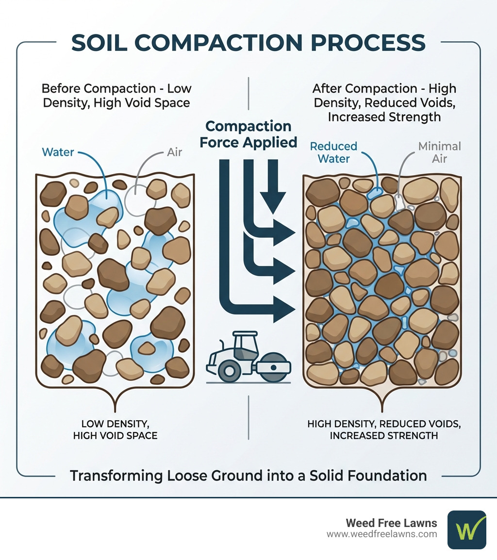 Infographic showing soil compaction process: left side displays soil particles with large air and water voids labeled "Before Compaction - Low Density, High Void Space"; right side shows densely packed soil particles with minimal voids labeled "After Compaction - High Density, Reduced Voids, Increased Strength"; arrows indicate compaction force applied from above - compaction test companies infographic 