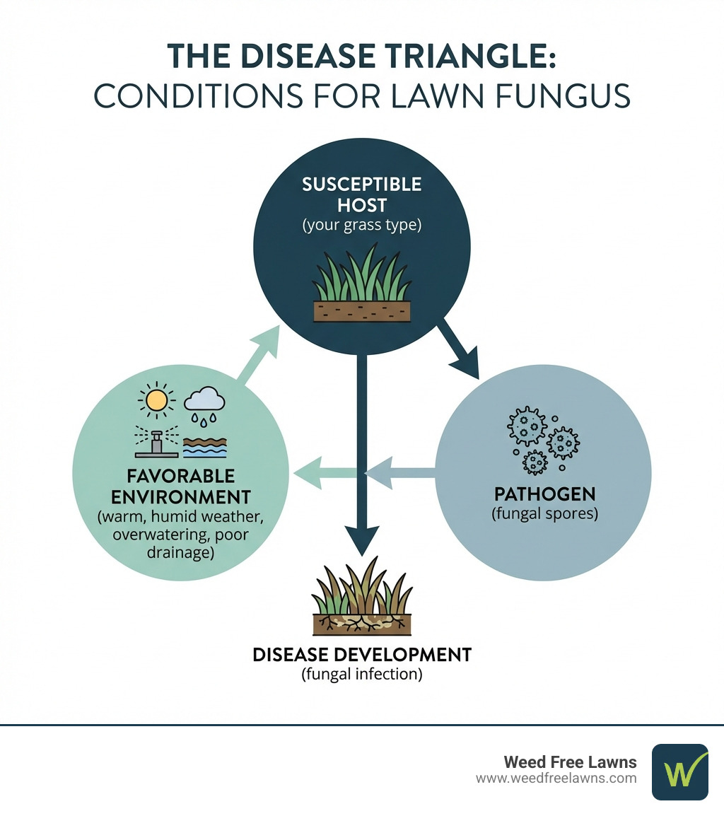 Infographic showing the Disease Triangle: three interconnected circles labeled 'Susceptible Host (your grass type)', 'Pathogen (fungal spores)', and 'Favorable Environment (warm, humid weather, overwatering, poor drainage)' with arrows indicating that all three must be present for disease to develop - lawn fungicide treatment infographic 