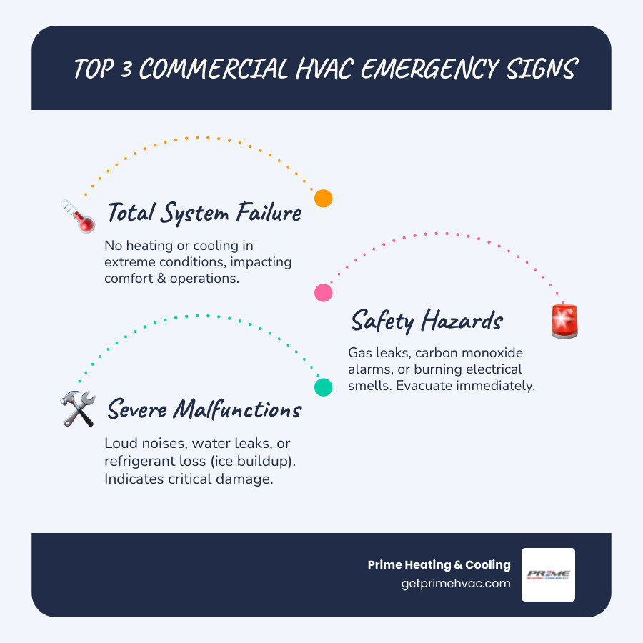 Infographic showing the top 5 signs of a commercial HVAC emergency: 1. Complete system shutdown with no heating or cooling 2. Gas or burning odors from equipment 3. Loud grinding or banging noises 4. Water pooling around indoor or outdoor units 5. Carbon monoxide detector alarm activation - emergency commercial hvac service infographic infographic-line-3-steps-blues-accent_colors
