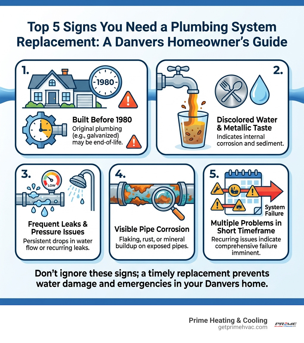 infographic showing the top 5 signs you need a plumbing system replacement: 1. Home built before 1980 with original plumbing, 2. Discolored or rusty water with metallic taste, 3. Frequent leaks or persistent water pressure issues, 4. Visible pipe corrosion or flaking on exposed pipes, 5. Multiple plumbing problems occurring within a short timeframe - plumbing system replacement providence ri infographic 