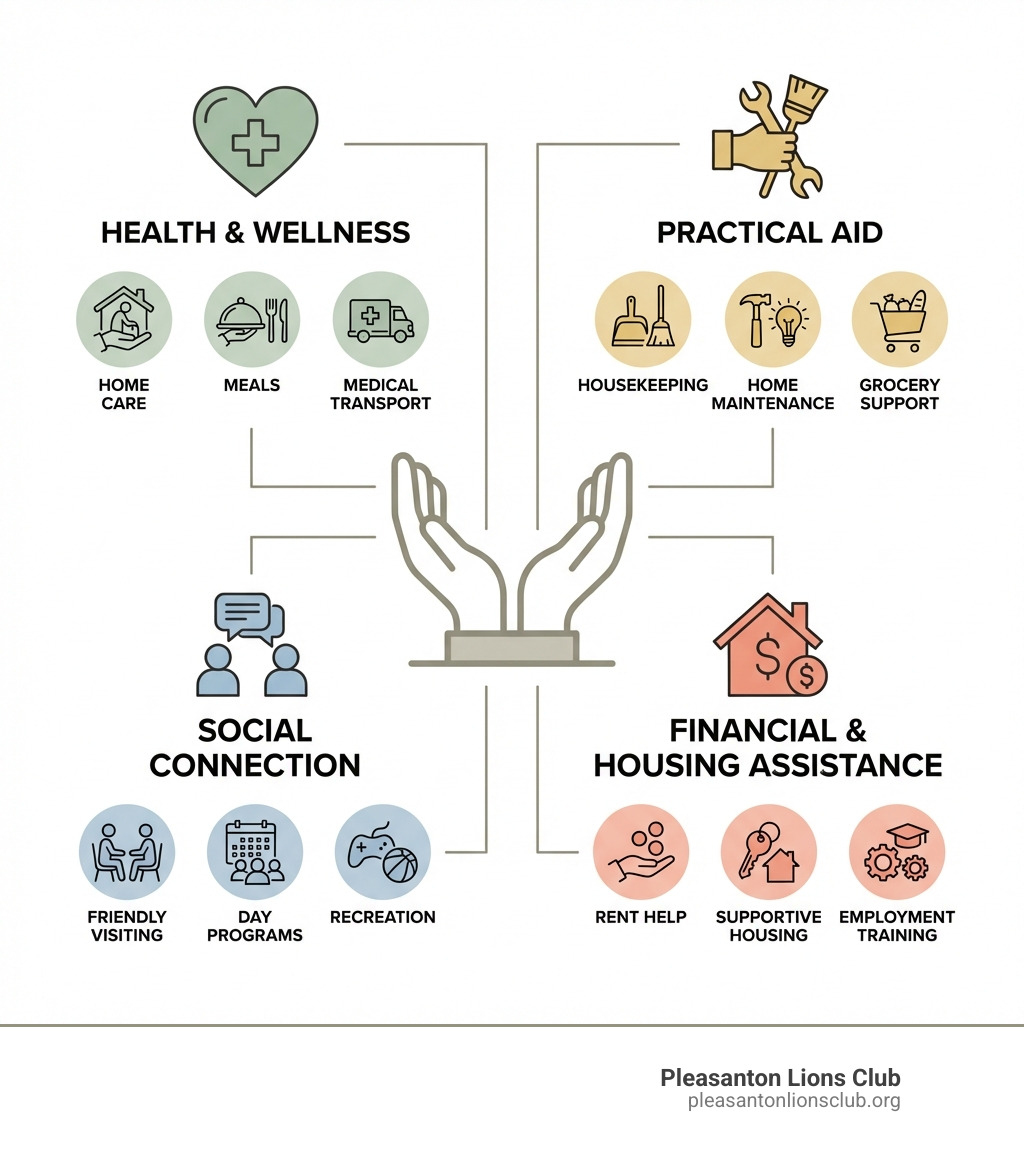 infographic showing four pillars of community support services: Health & Wellness (home care, meals, medical transport), Practical Aid (housekeeping, home maintenance, grocery support), Social Connection (friendly visiting, day programs, recreation), and Financial & Housing Assistance (rent help, supportive housing, employment training) - Support community services infographic infographic showing four pillars of community support services: Health & Wellness (home care, meals, medical transport), Practical Aid (housekeeping, home maintenance, grocery support), Social Connection (friendly visiting, day programs, recreation), and Financial & Housing Assistance (rent help, supportive housing, employment training) - Support community services infographic