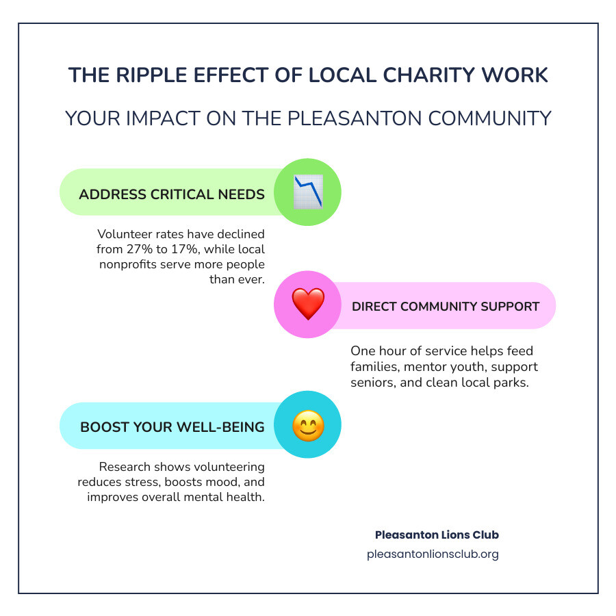 infographic showing how one volunteer hour multiplies impact through the community, including meals served, seniors visited, youth mentored, and parks cleaned, with statistics on volunteer participation rates and community outcomes - Local charity work infographic infographic-line-3-steps-colors infographic showing how one volunteer hour multiplies impact through the community, including meals served, seniors visited, youth mentored, and parks cleaned, with statistics on volunteer participation rates and community outcomes - Local charity work infographic infographic-line-3-steps-colors