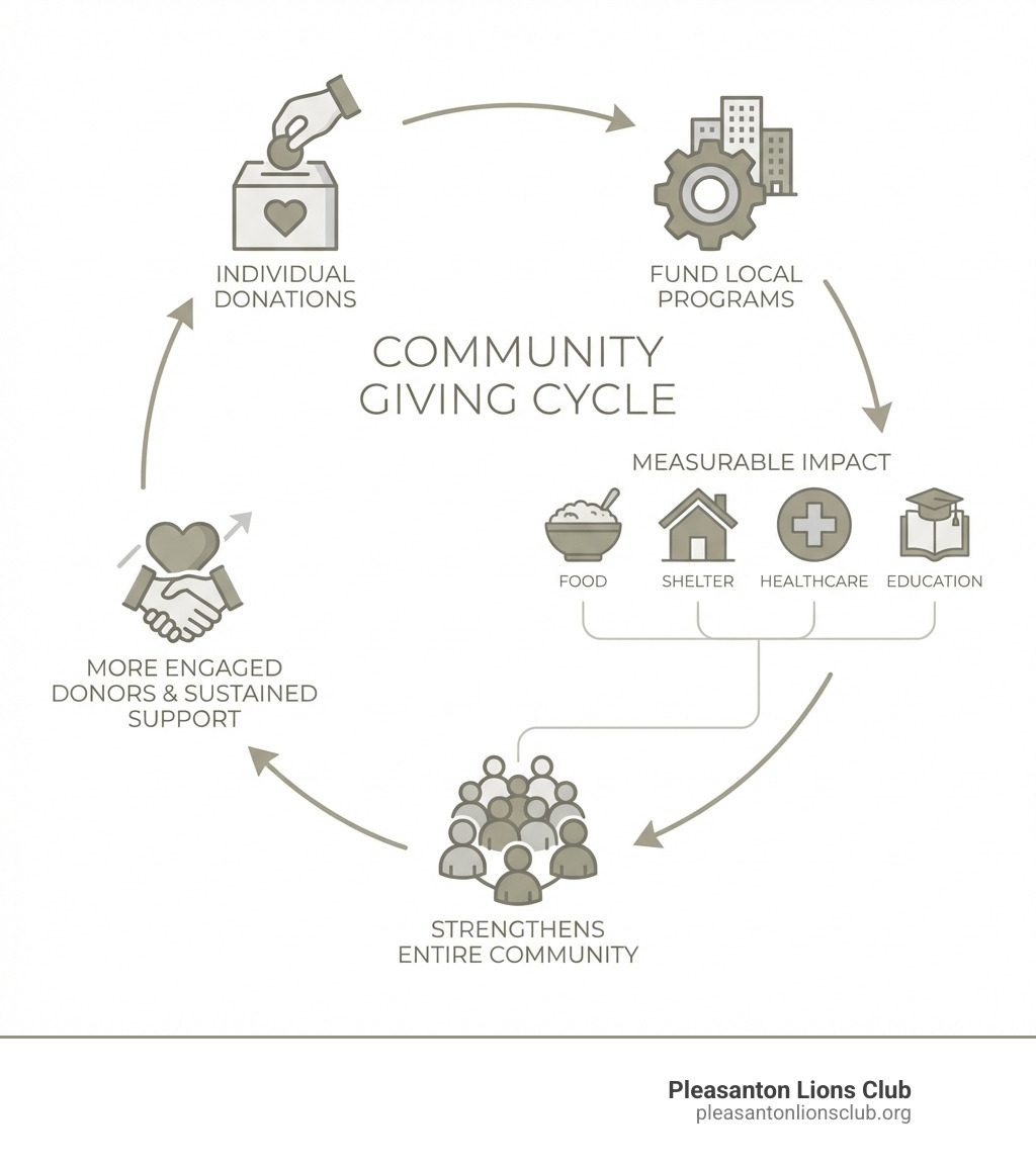 infographic showing the community giving cycle: individual donations fund local programs which create measurable impact helping families access food shelter healthcare and education which strengthens the entire community leading to more engaged donors and sustained support - Donate to community infographic 