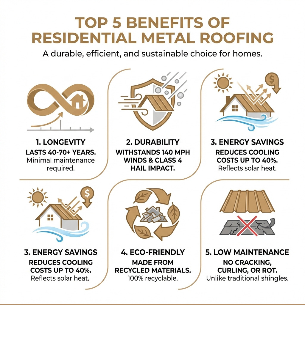 Infographic showing the top 5 benefits of residential metal roofing: 1) Longevity - lasts 40-70+ years with minimal maintenance, 2) Durability - withstands winds up to 140 mph and Class 4 hail impact, 3) Energy Savings - reduces cooling costs by up to 40% through solar reflectance, 4) Eco-Friendly - made from recycled materials and 100% recyclable, 5) Low Maintenance - no cracking, curling, or rot like traditional shingles - metal roof on residential home infographic Infographic showing the top 5 benefits of residential metal roofing: 1) Longevity - lasts 40-70+ years with minimal maintenance, 2) Durability - withstands winds up to 140 mph and Class 4 hail impact, 3) Energy Savings - reduces cooling costs by up to 40% through solar reflectance, 4) Eco-Friendly - made from recycled materials and 100% recyclable, 5) Low Maintenance - no cracking, curling, or rot like traditional shingles - metal roof on residential home infographic