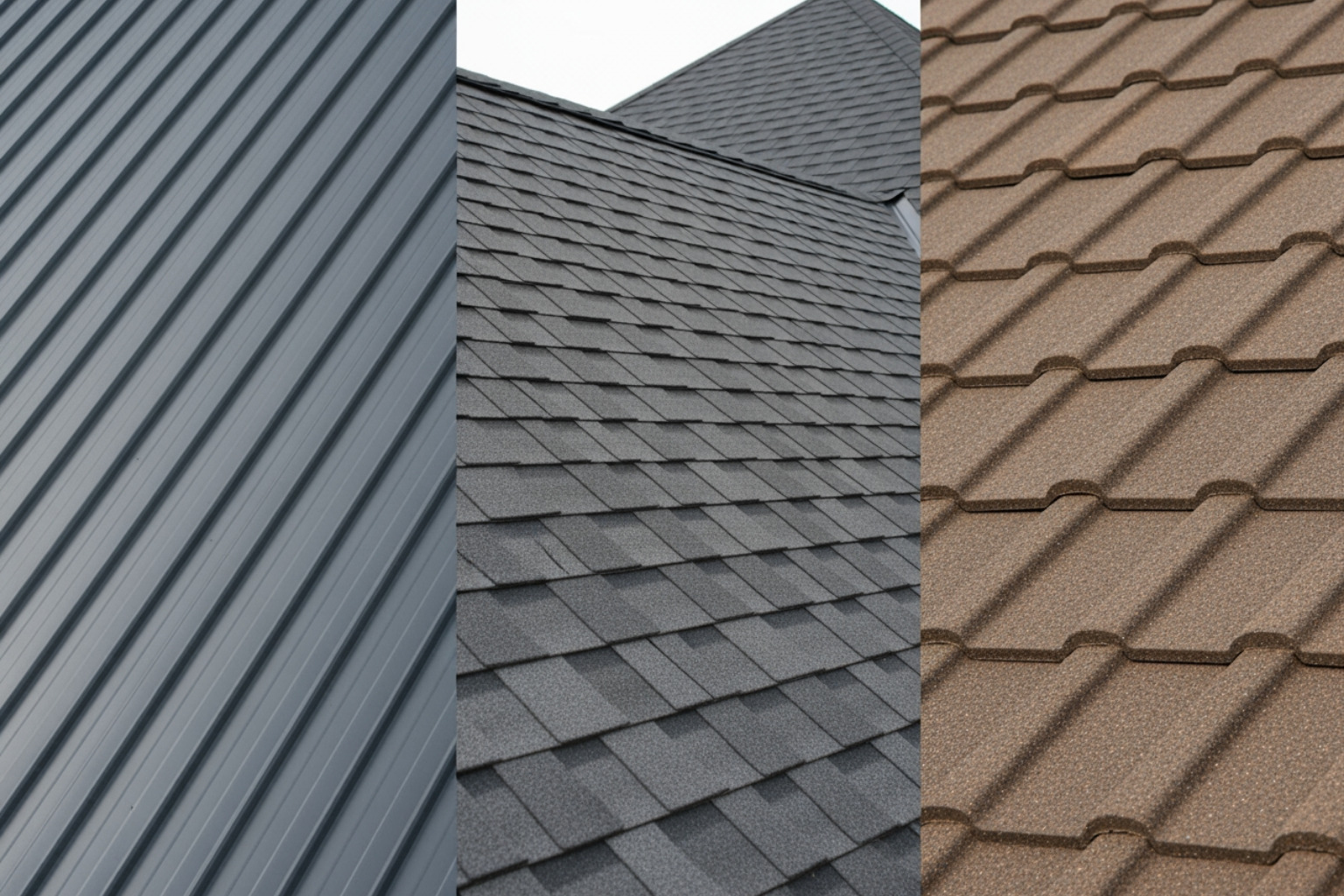 Collage of various metal roof styles: sleek standing seam, traditional metal shingle, and elegant stone-coated tile - metal roof on residential home Collage of various metal roof styles: sleek standing seam, traditional metal shingle, and elegant stone-coated tile - metal roof on residential home