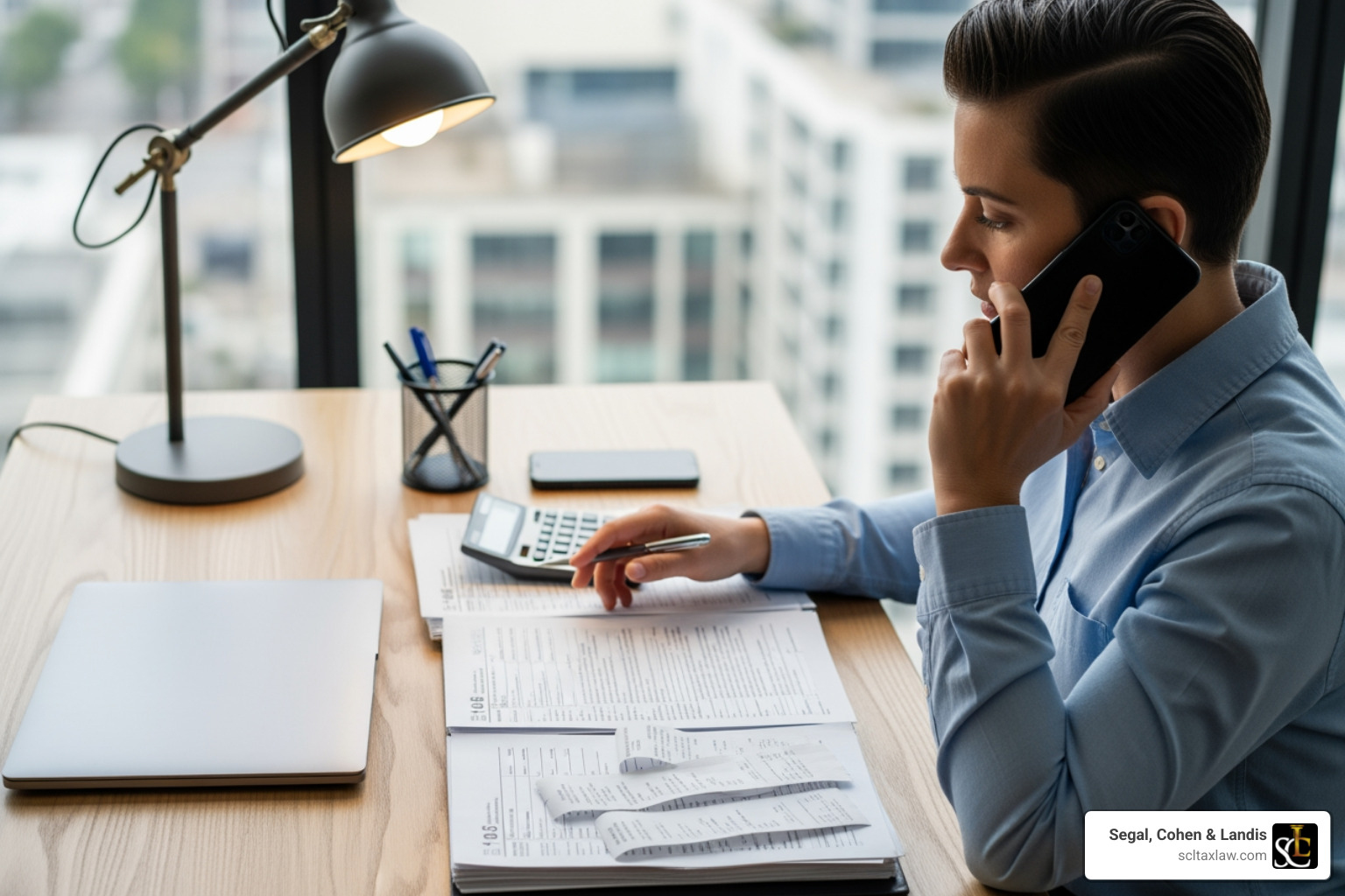A person on the phone with tax documents on their desk - IRS tax help California
