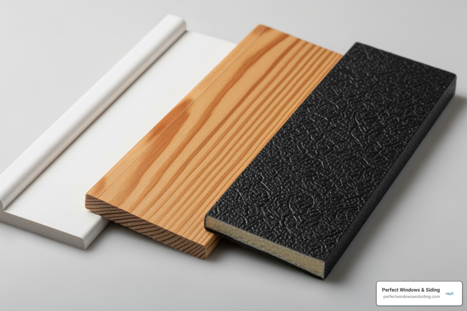 Various window material samples including vinyl, wood, and fiberglass - Broken window replacement