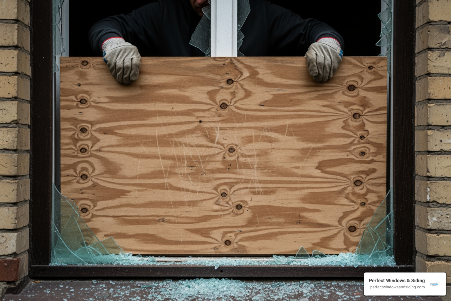 A person wearing thick gloves carefully placing a piece of plywood over a broken window opening - Broken window replacement