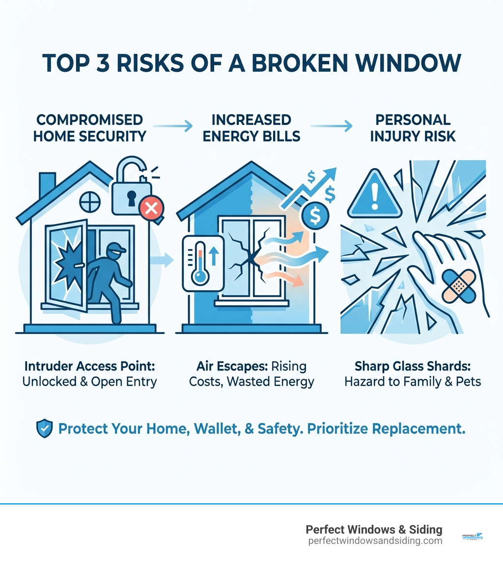 Infographic showing the top 3 risks of a broken window: first, compromised home security with an illustration of an unlocked or open window making entry easier for intruders; second, increased energy bills with a graphic showing heated or cooled air escaping and dollar signs rising; third, personal injury risk with imagery of sharp glass shards and a warning symbol - Broken window replacement infographic 