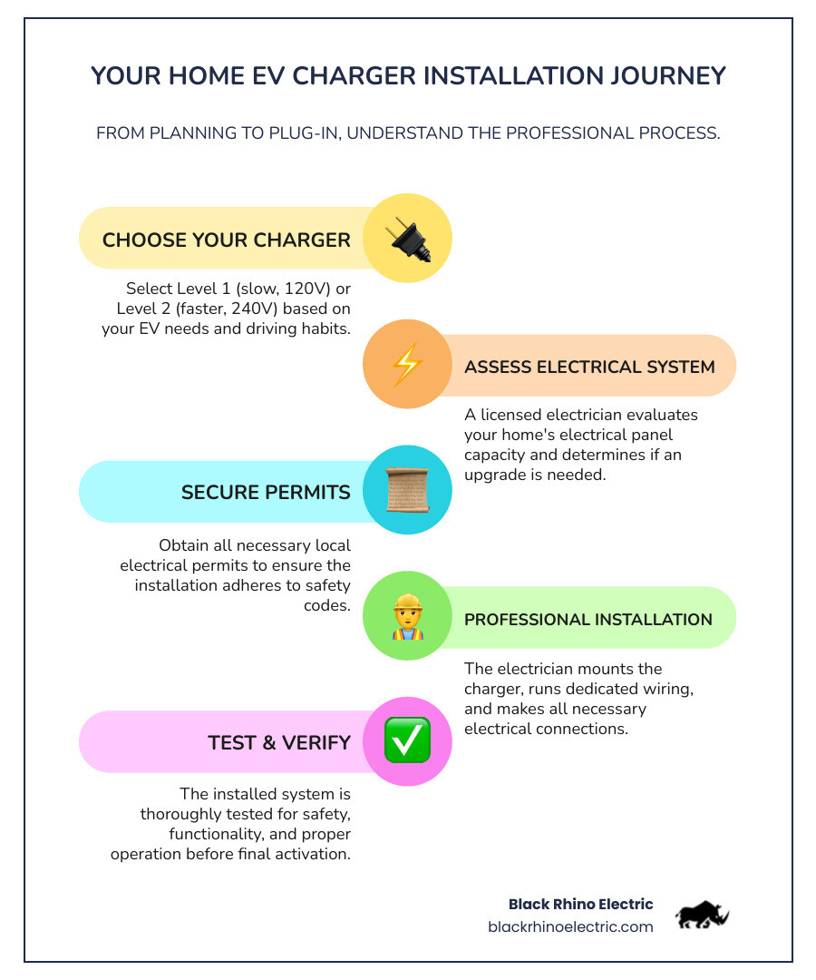 detailed infographic showing the car charging port installation process from electrical panel assessment through final testing, including steps for site selection, permitting, mounting the charger, wiring connections, and safety inspections with voltage specifications and timeline - car charging port installation infographic infographic-line-5-steps-colors