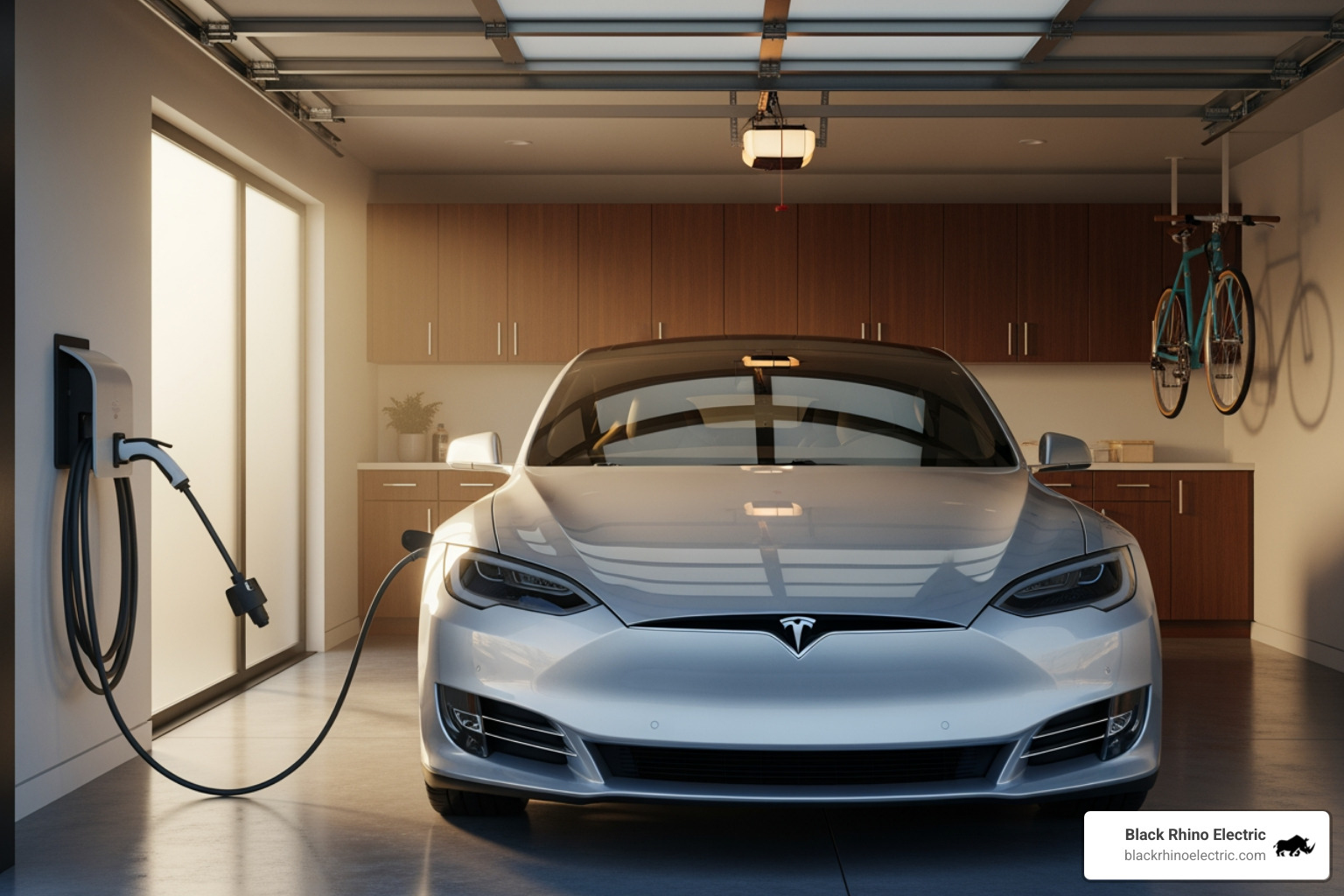 person waking up and unplugging their fully charged EV, ready for the day - car charging port installation