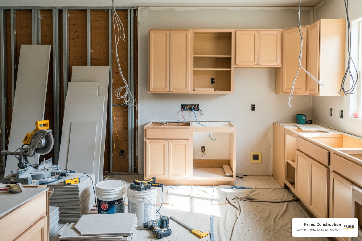 Image of a kitchen during the remodeling process, showing exposed walls and new cabinet installation - free kitchen cabinet estimate