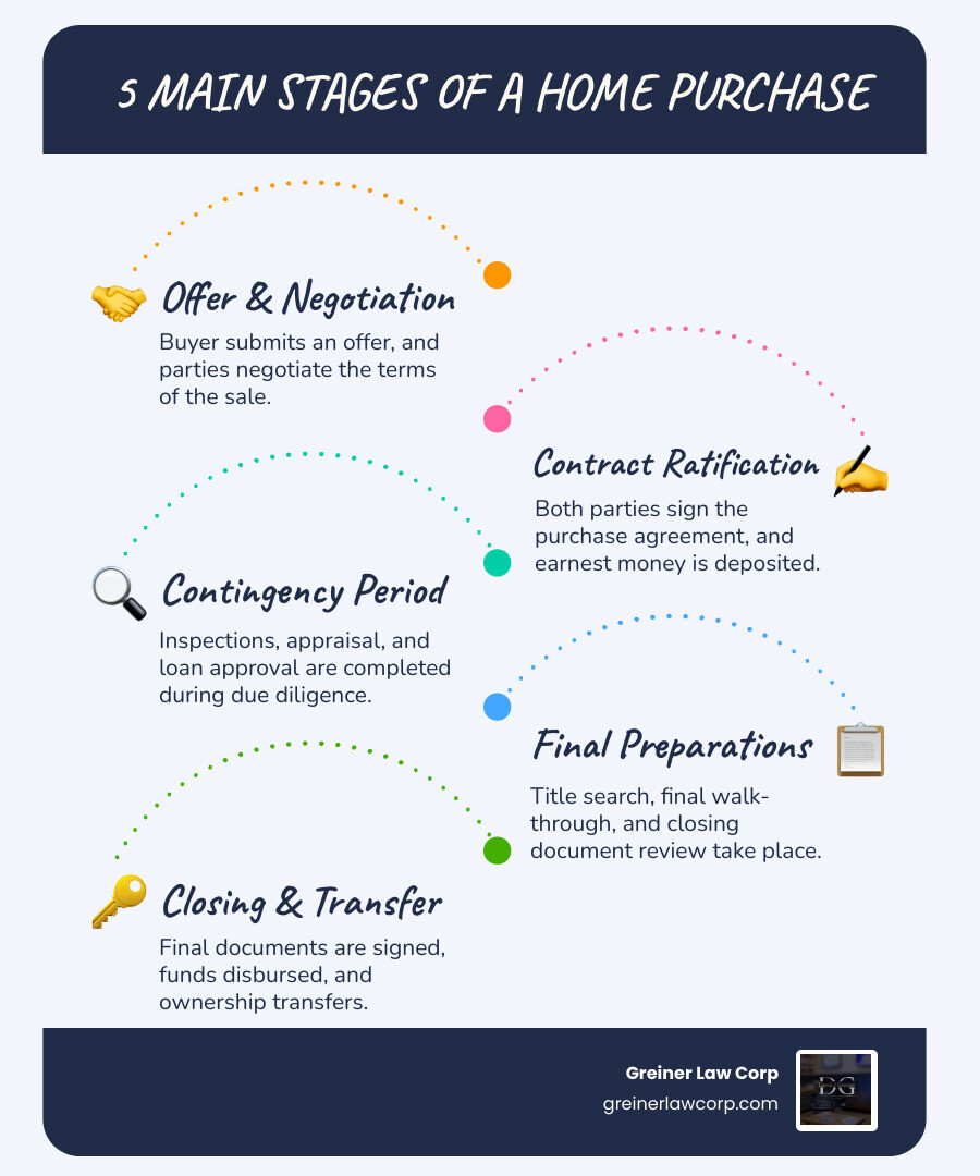 infographic showing 5 main stages of home purchase: 1. Offer and Negotiation - buyer submits offer, parties negotiate terms; 2. Contract Ratification - both parties sign purchase agreement, earnest money deposited; 3. Contingency Period - inspections, appraisal, loan approval, due diligence; 4. Final Preparations - title search, final walk-through, closing document preparation; 5. Closing and Transfer - sign final documents, funds disbursed, ownership transfers - residential purchase contract infographic infographic-line-5-steps-blues-accent_colors infographic showing 5 main stages of home purchase: 1. Offer and Negotiation - buyer submits offer, parties negotiate terms; 2. Contract Ratification - both parties sign purchase agreement, earnest money deposited; 3. Contingency Period - inspections, appraisal, loan approval, due diligence; 4. Final Preparations - title search, final walk-through, closing document preparation; 5. Closing and Transfer - sign final documents, funds disbursed, ownership transfers - residential purchase contract infographic infographic-line-5-steps-blues-accent_colors