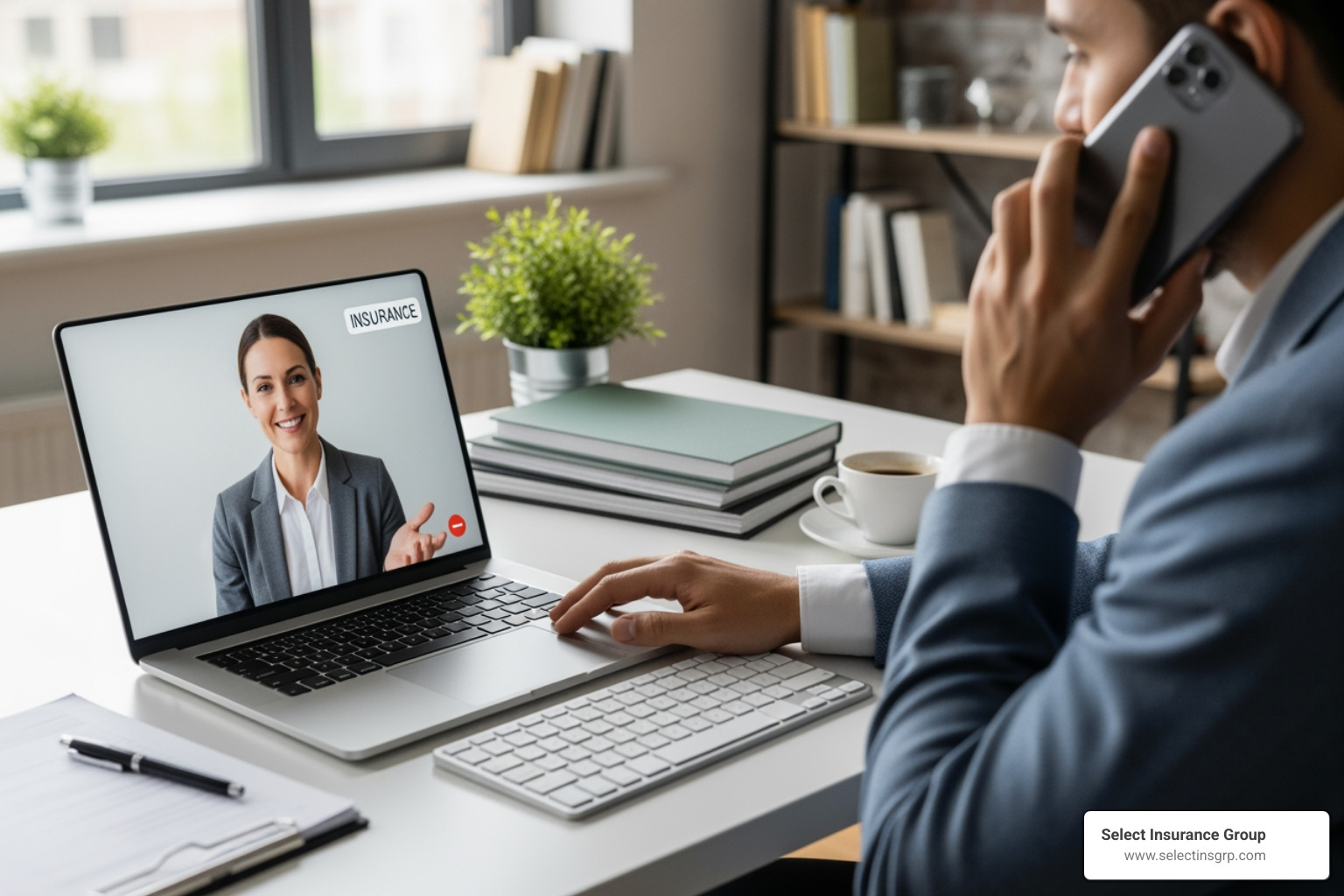 person on the phone with an insurance agent, looking at a laptop - how to get non owners auto insurance