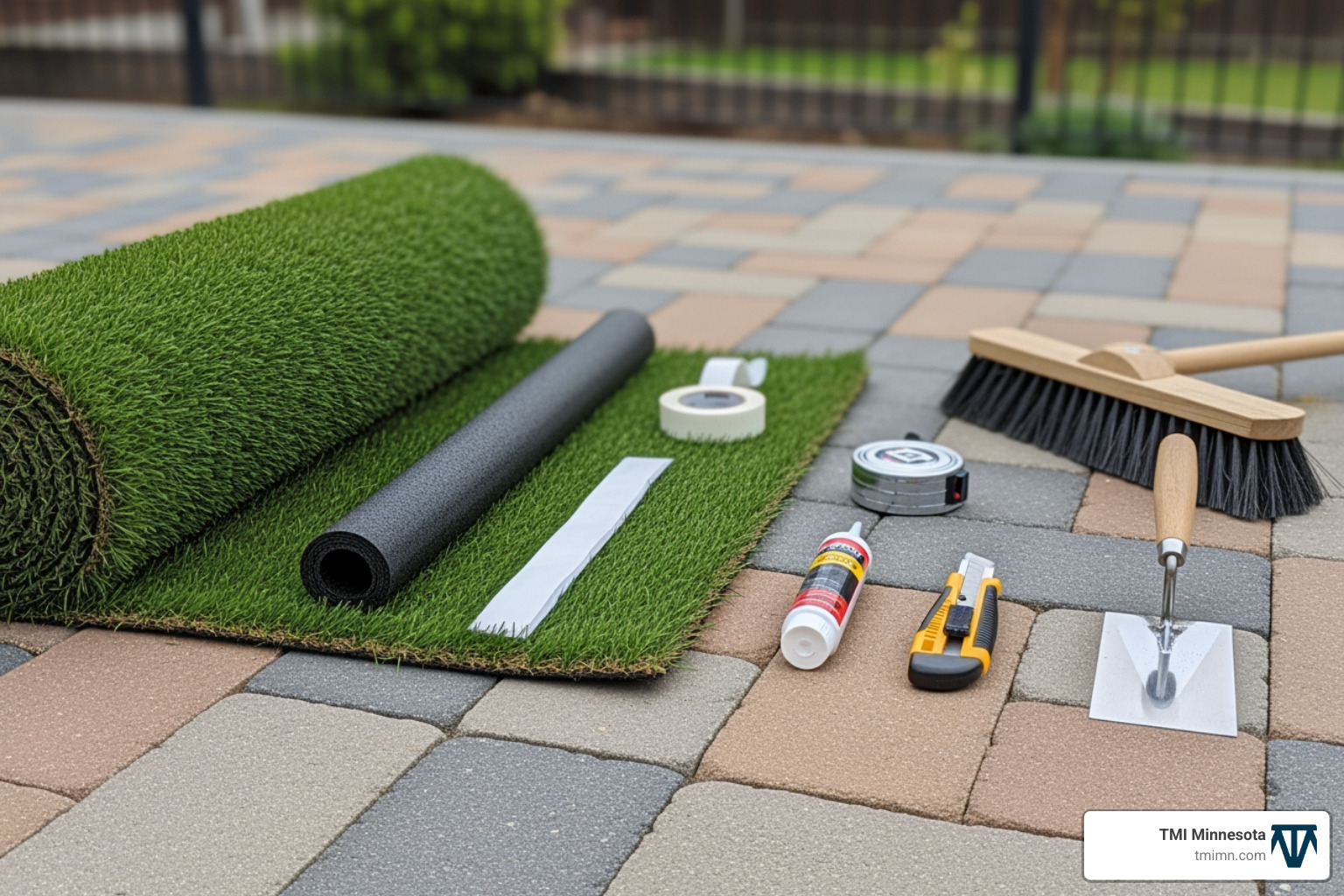 tools and materials laid out for installation - artificial grass on block paving