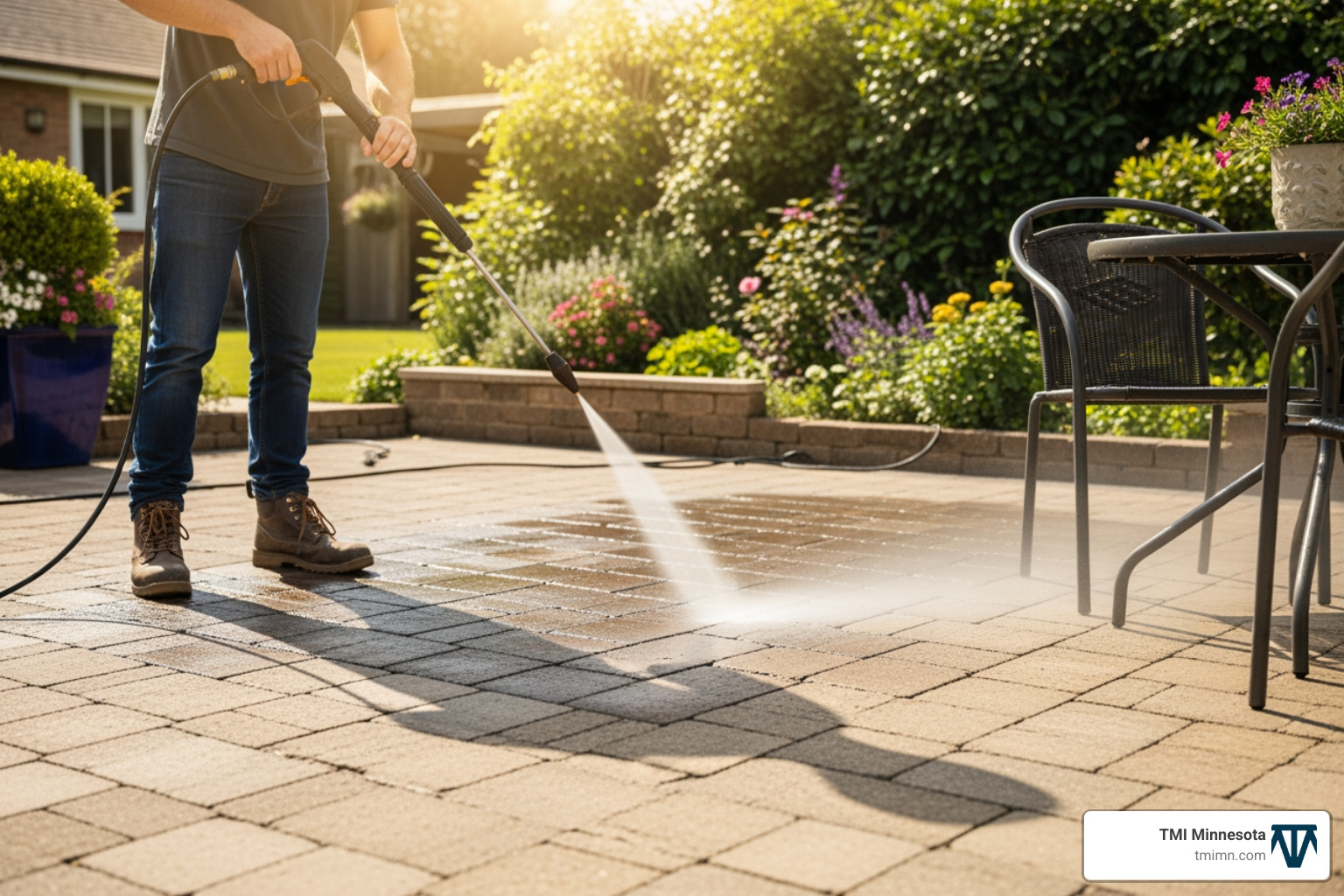 pressure washer cleaning block paving - artificial grass on block paving