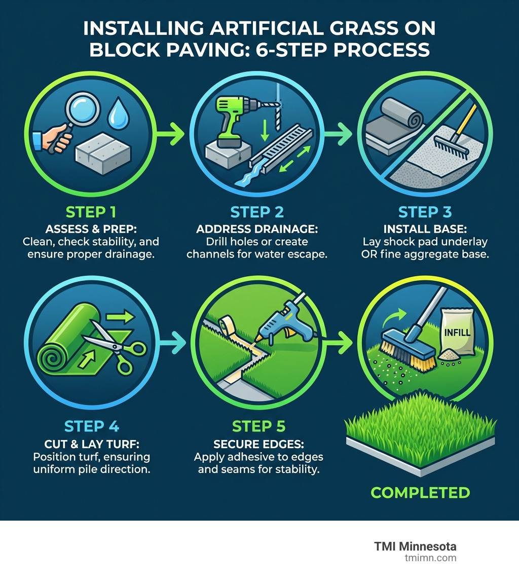 Infographic showing the installation process for artificial grass on block paving: Step 1 - Assess and clean pavers, check for stability and drainage; Step 2 - Address drainage by drilling holes or creating channels if needed; Step 3 - Lay shock pad underlay or fine aggregate base; Step 4 - Cut and lay artificial turf, ensuring proper pile direction; Step 5 - Secure edges and seams with adhesive; Step 6 - Add infill and brush for natural appearance - artificial grass on block paving infographic 