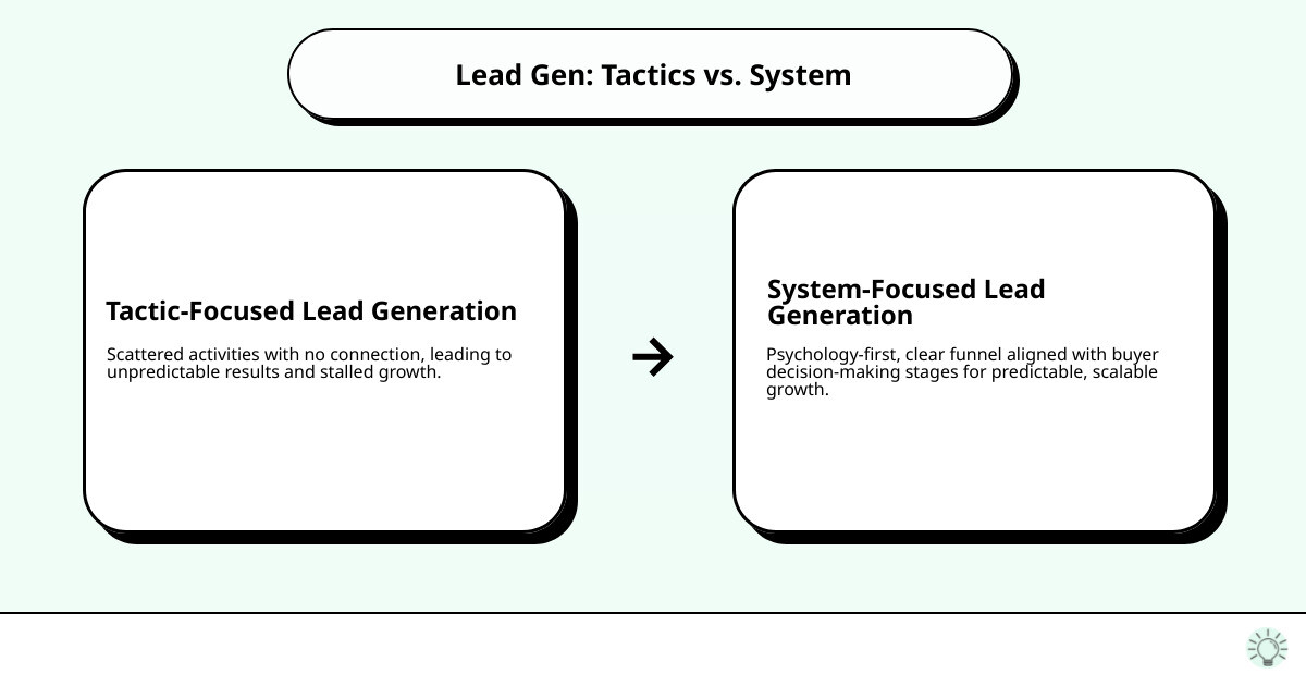 A visual comparison showing tactic-focused lead generation (scattered activities with no connection) versus system-focused, psychology-first lead generation (a clear funnel aligned with buyer decision-making stages) - lead generation strategy infographic cause_effect_text