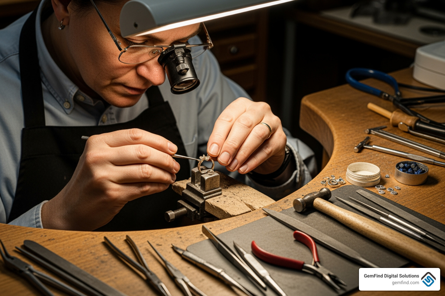 a jeweler at their workbench, focusing on intricate details with tools - Jewelry content marketing