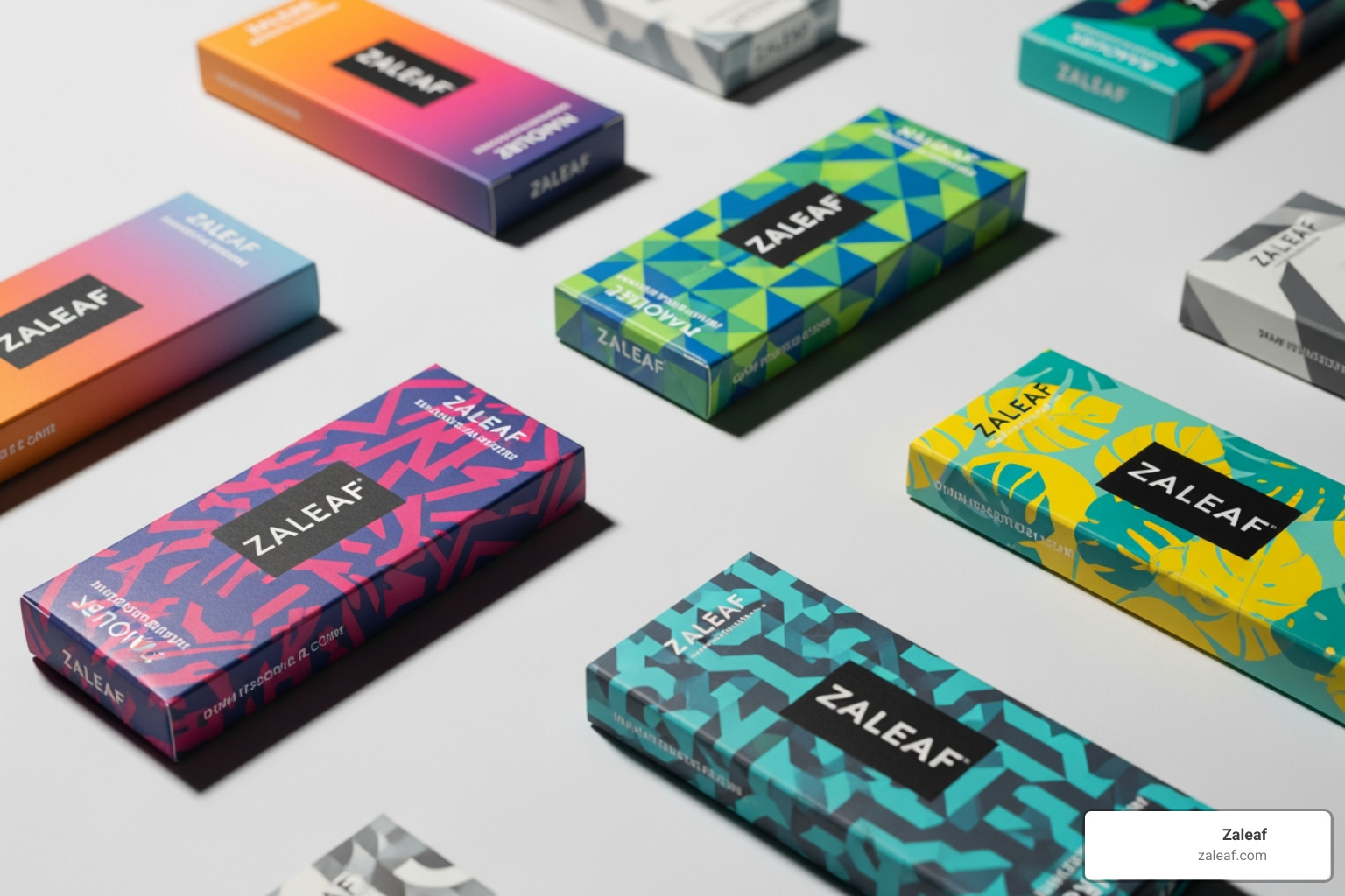 of a collection of different Zaleaf disposable vape pens with varied colorful packaging - mood enhancing vape