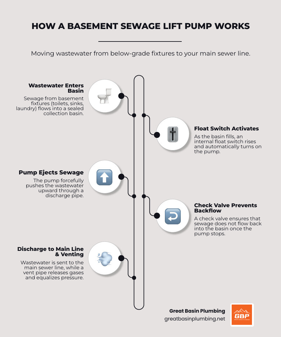 Infographic showing how a basement sewage lift pump system works: wastewater from basement fixtures flows into a sealed sump basin, a float switch activates when the basin fills, the pump pushes sewage up through a discharge pipe past a check valve to the main sewer line, and a vent pipe releases gases and equalizes pressure - basement sewage lift pump infographic infographic-line-5-steps-elegant_beige