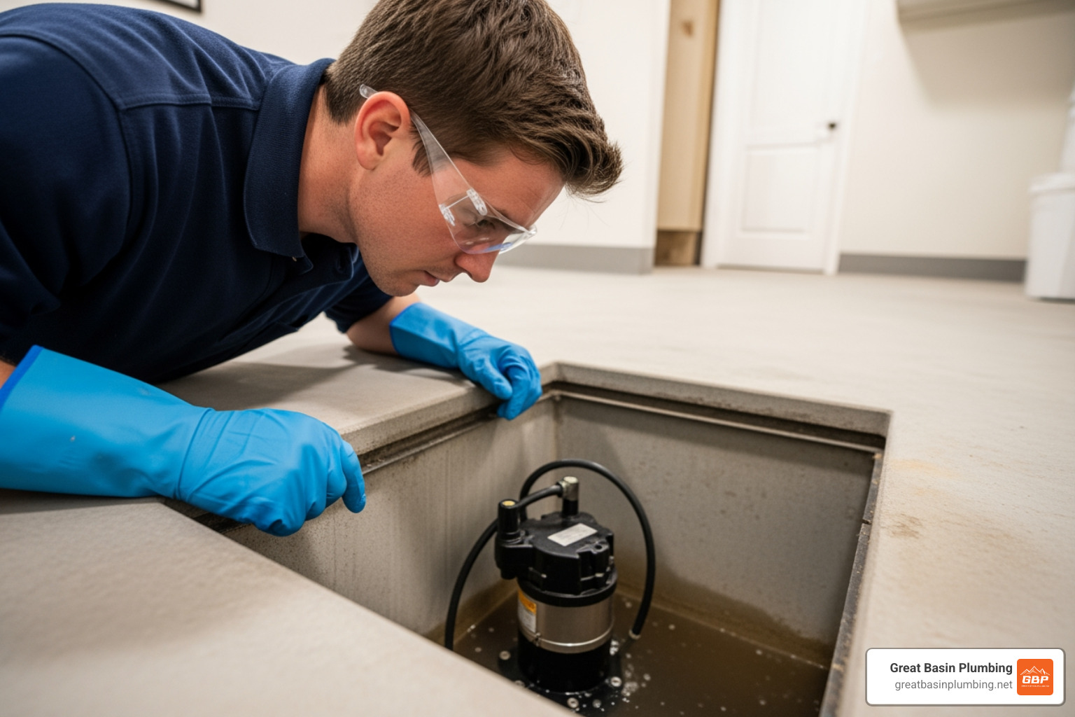 person safely inspecting a sewage pump pit wearing gloves - basement sewage lift pump