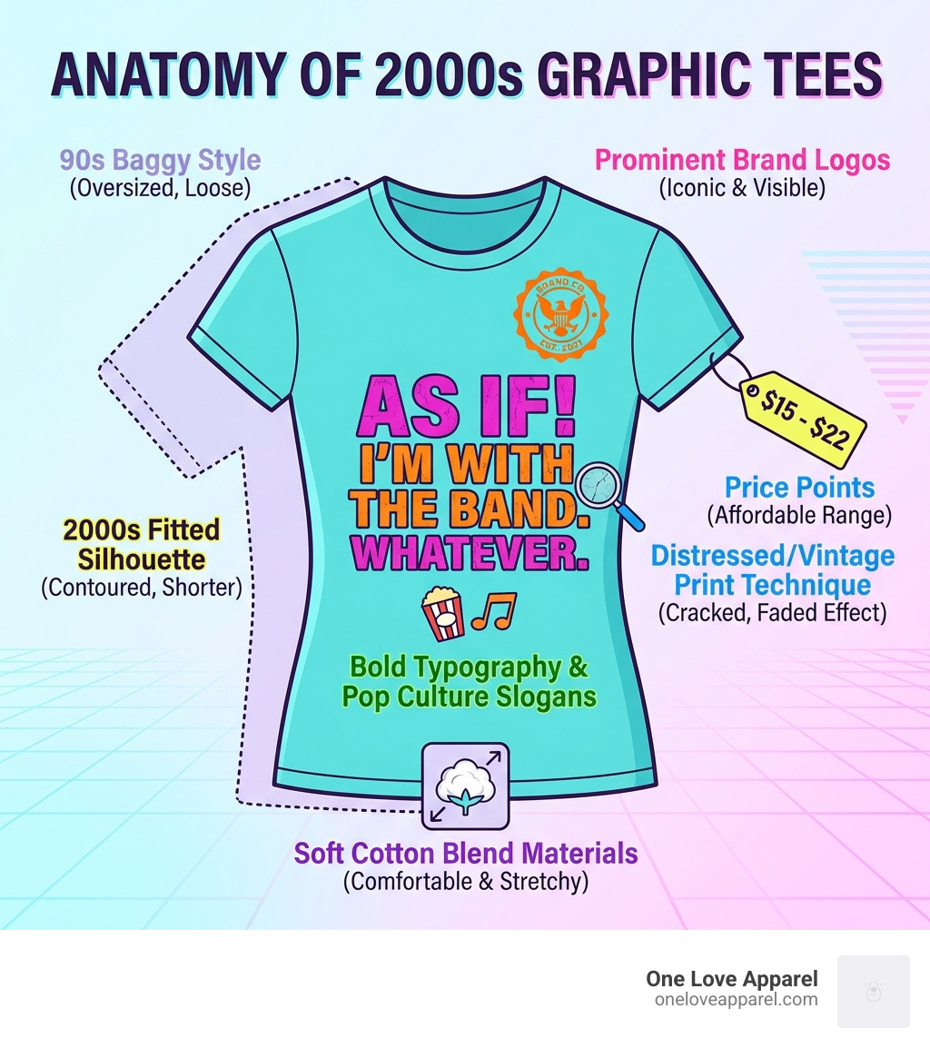 Infographic showing the anatomy of 2000s graphic tees: fitted silhouette compared to 90s baggy style, bold typography with funny slogans and pop culture quotes, distressed or vintage-style printing techniques, prominent brand logos, soft cotton blend materials, and price points ranging from $15-$22 - 2000s graphic tees infographic 